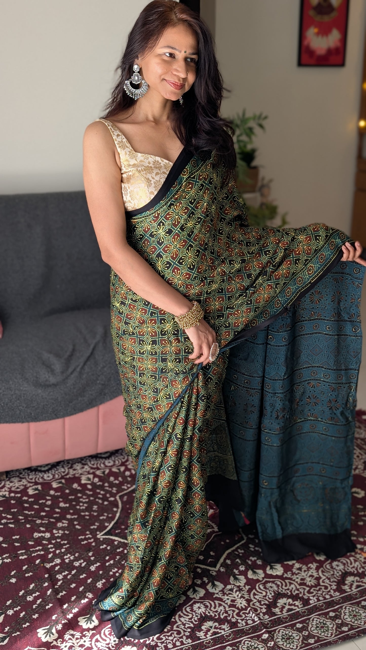 [PRE ORDER ONLY] Ajrakh Saree in Modal Silk - Hand Block Print and Naturally Dyed | TheRangBhoomi