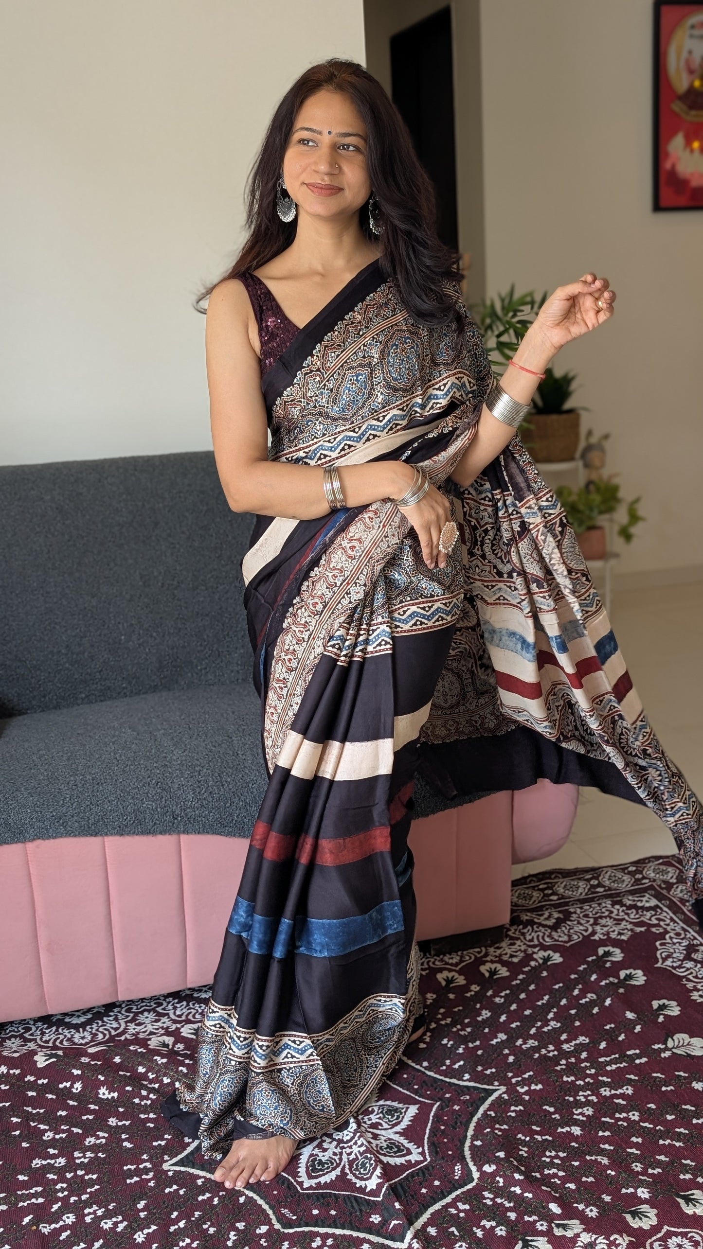 [PRE ORDER ONLY] Ajrakh Saree in Modal Silk - Hand Block Print and Naturally Dyed | TheRangBhoomi