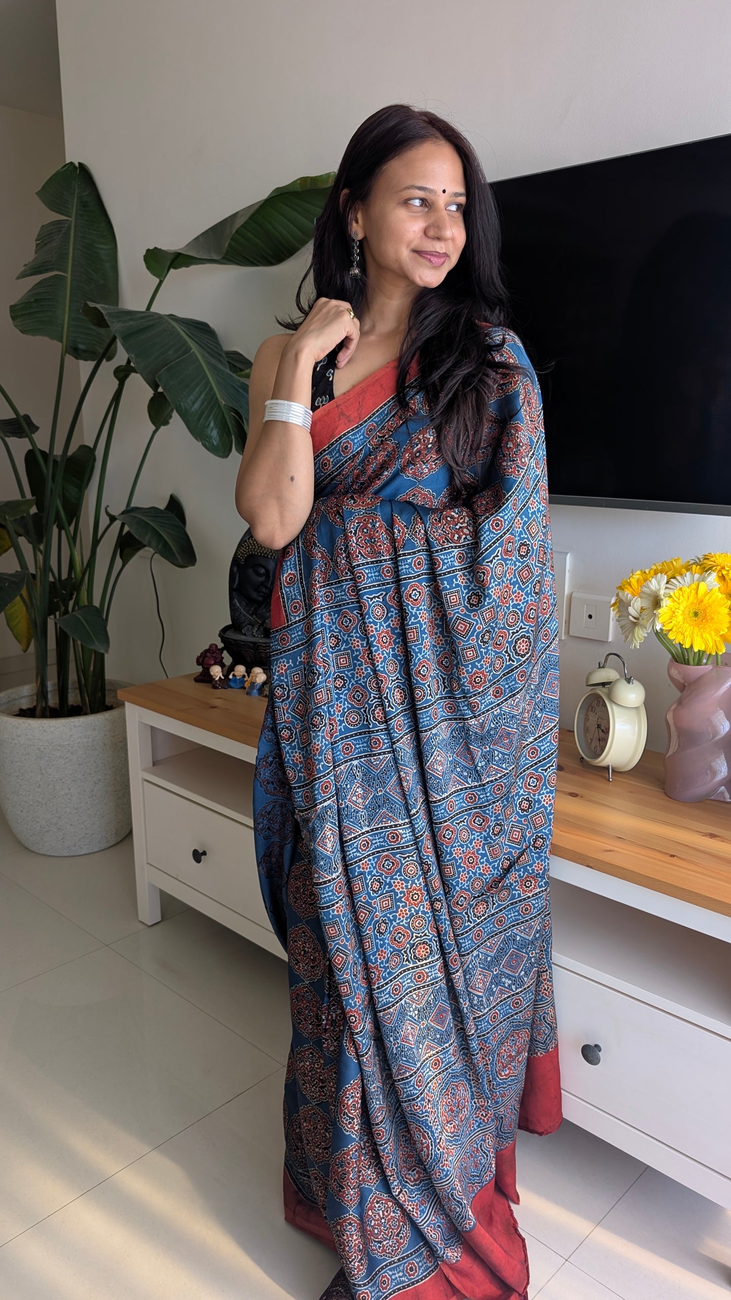 Blue Ajrakh Saree in Modal Silk - Hand Block Print and Naturally Dyed | TheRangBhoomi