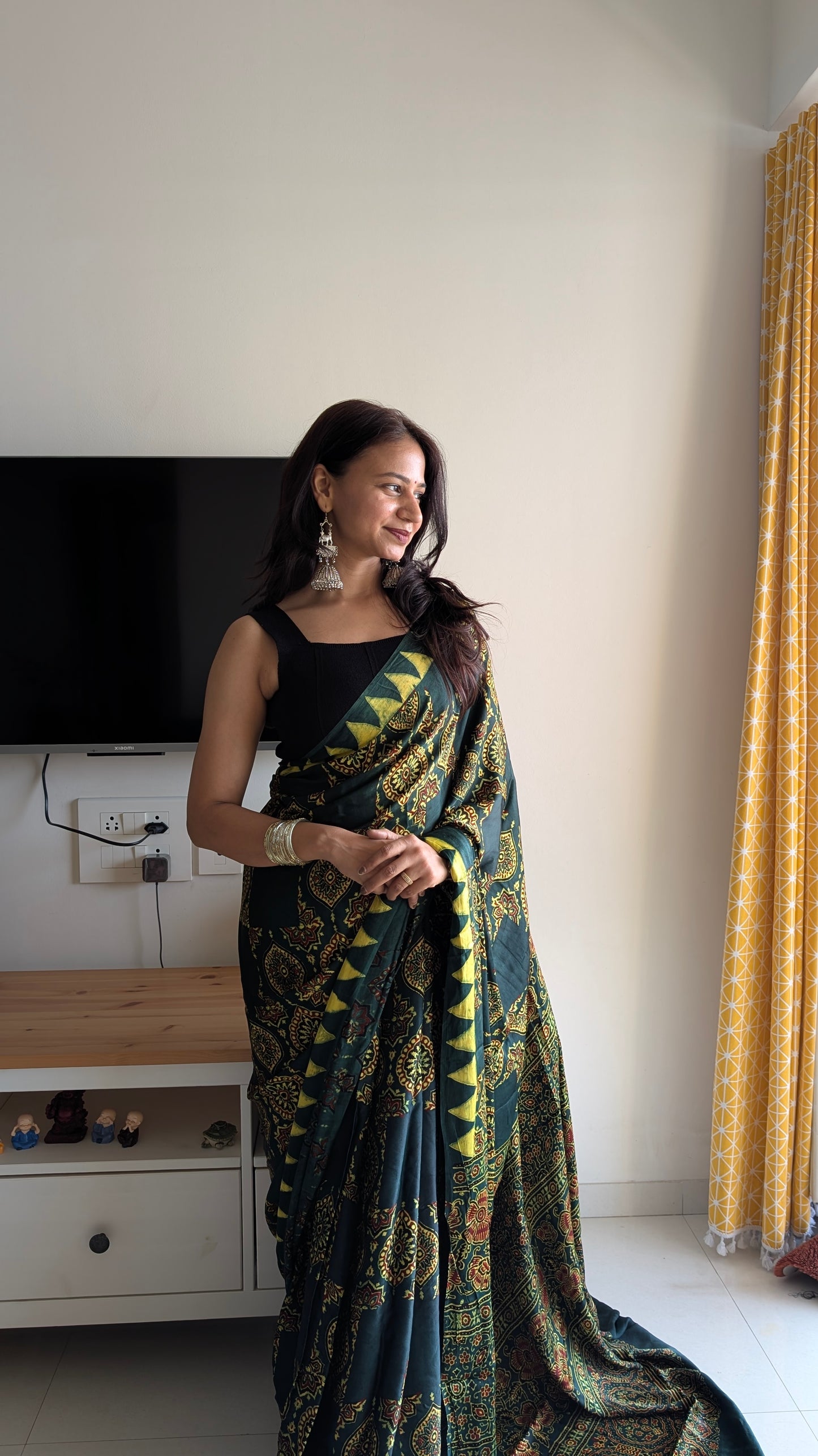 Ajrakh Saree | Modal Silk | Naturally Dyed Handcrafted Saree | Green
