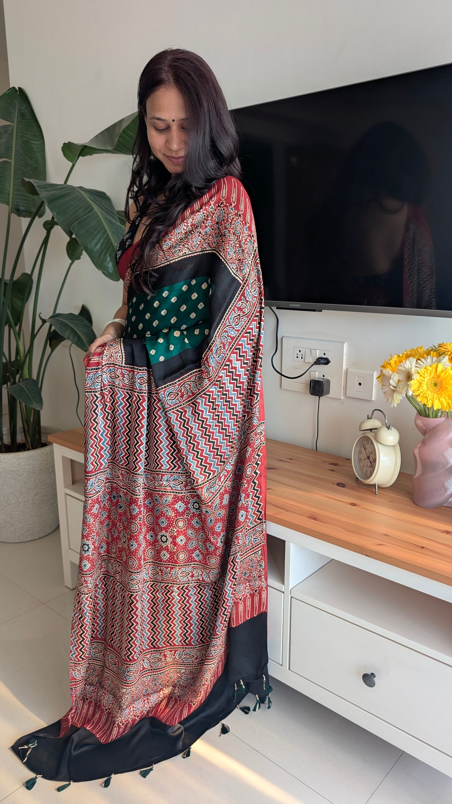 Green Bandhani Saree with Ajrakh Pallu | TheRangBhoomi Fusion Saree