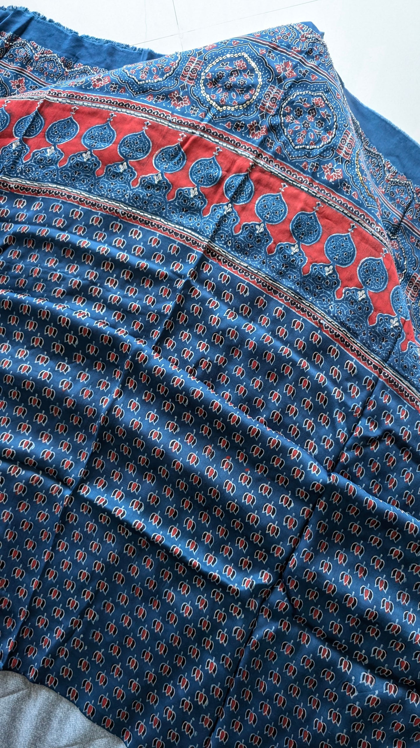 Ajrakh Modal Silk | Suit Set | Blue | Handembroidery | 3 PC