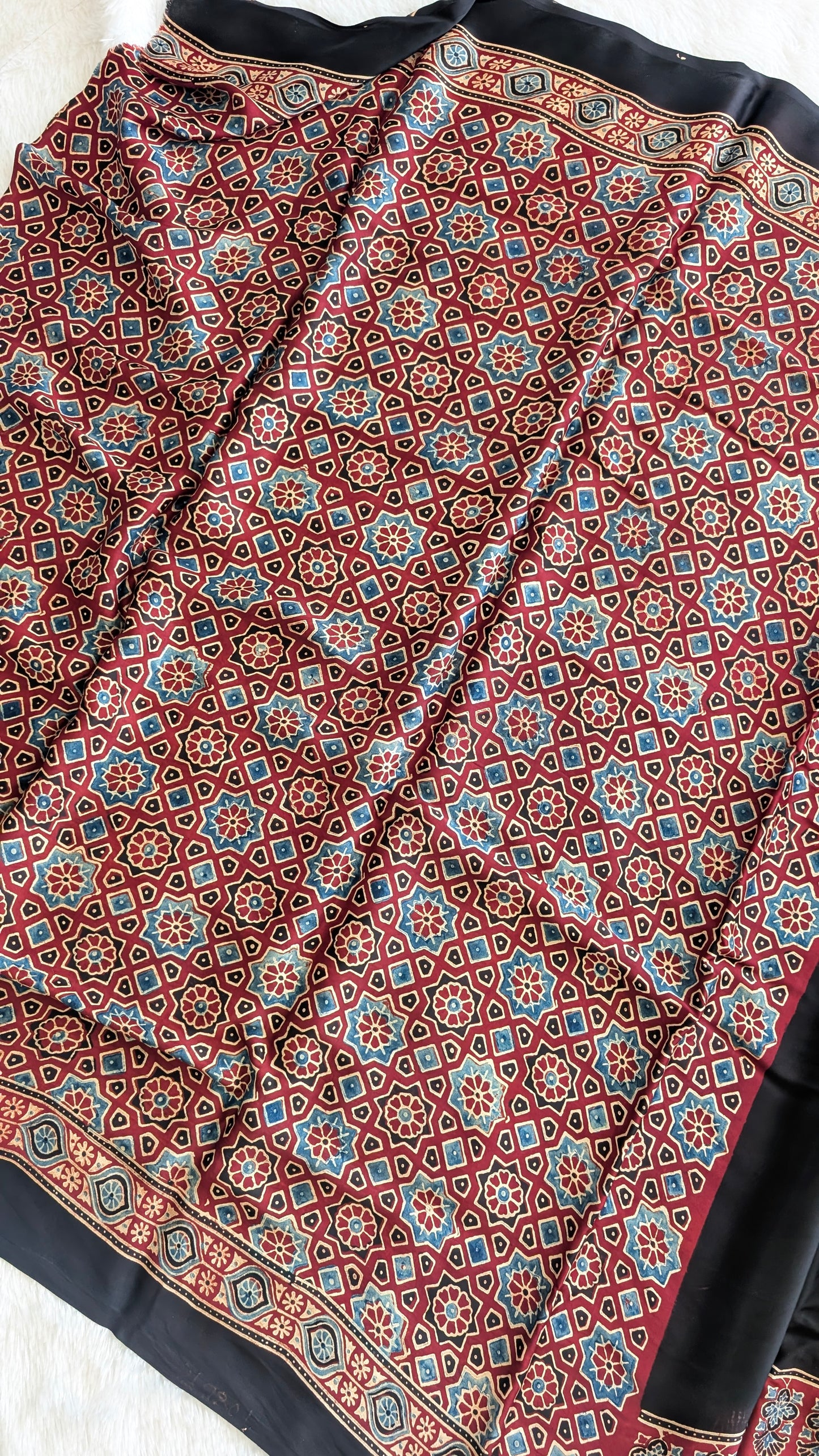 Ajrakh Saree in Modal Silk - Hand Block Print and Naturally Dyed | TheRangBhoomi