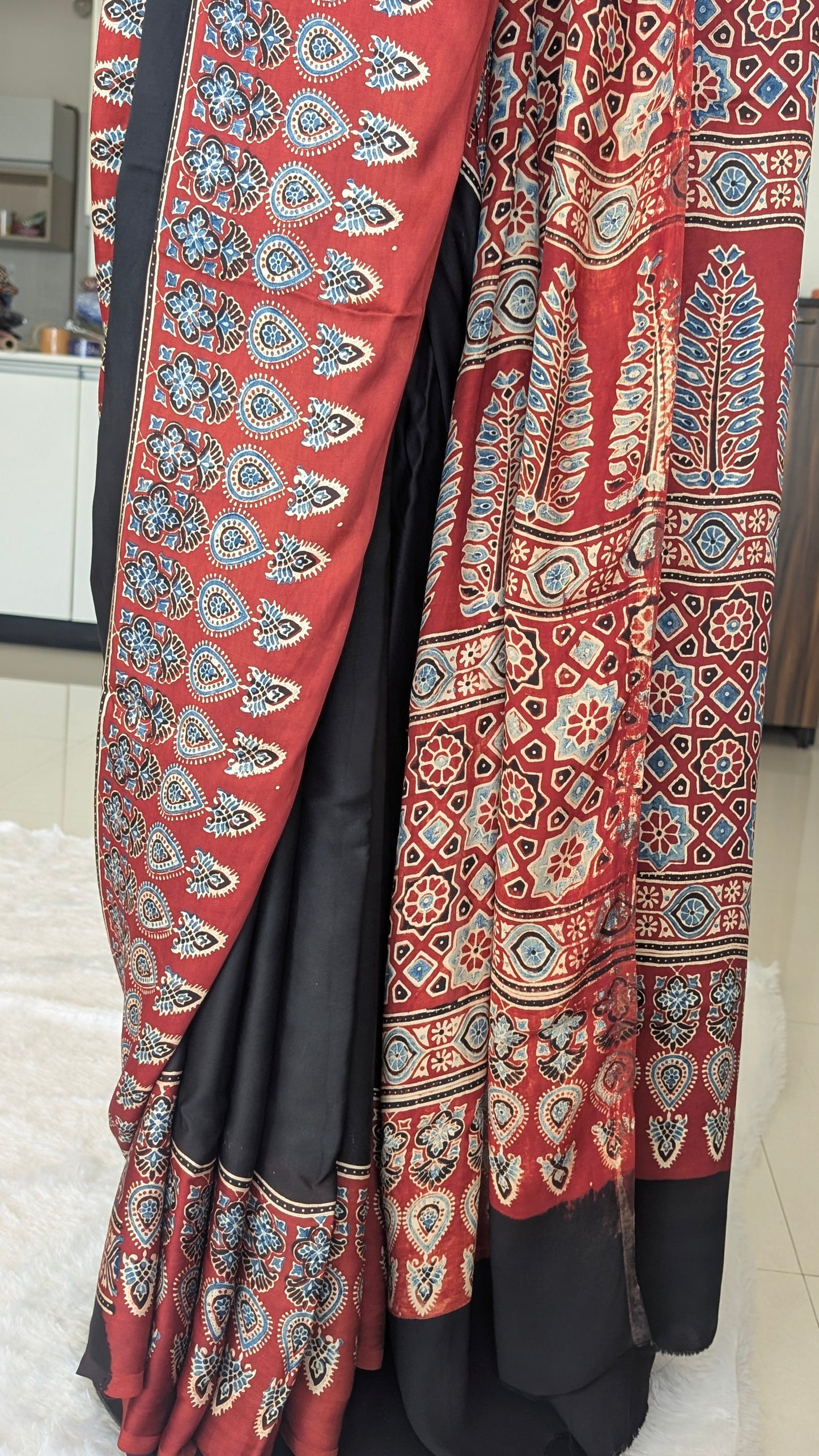 Ajrakh Saree in Modal Silk - Hand Block Print and Naturally Dyed | TheRangBhoomi