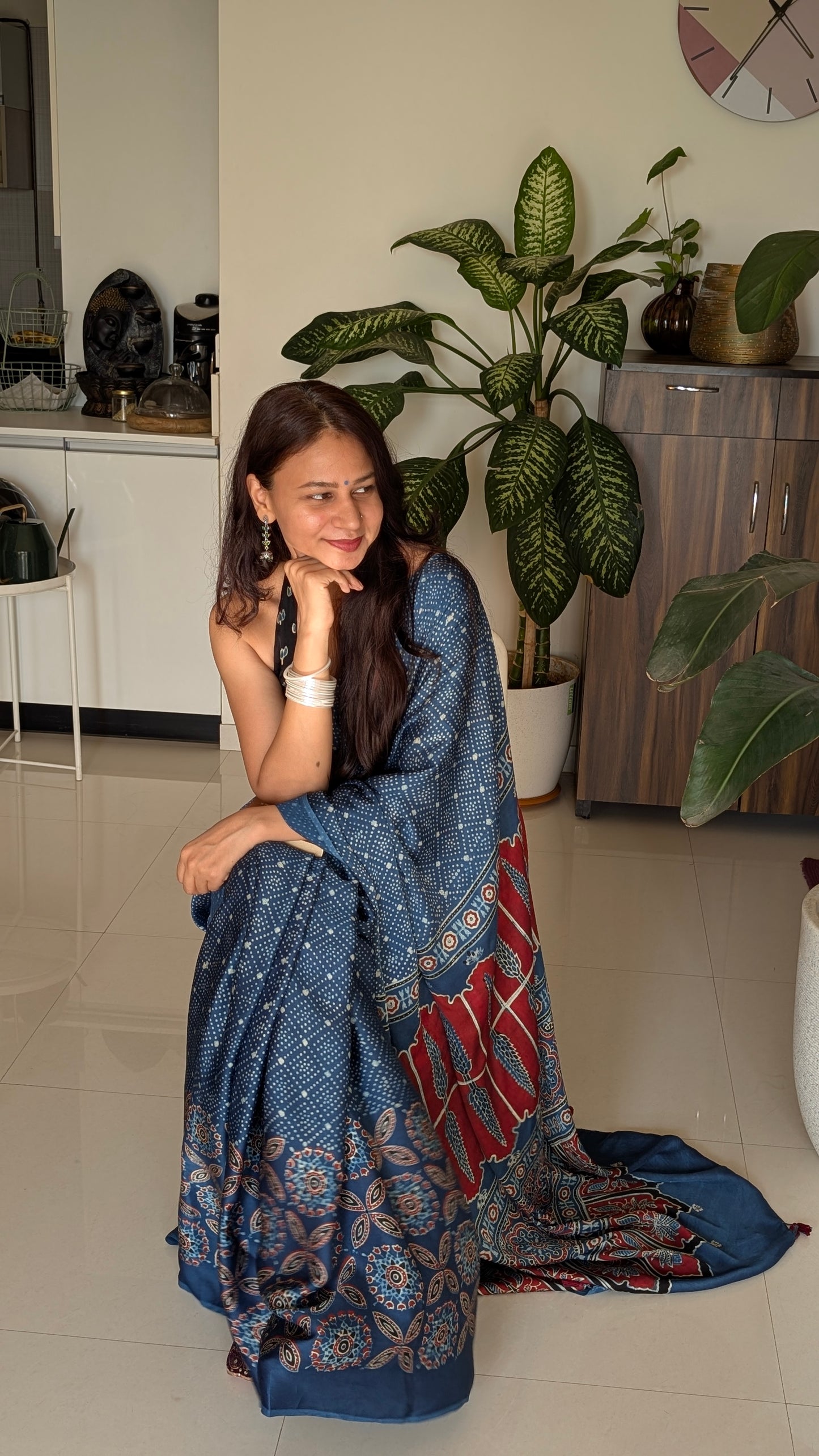 Ajrakh Saree in Modal Silk - Hand Block Print and Naturally Dyed | TheRangBhoomi