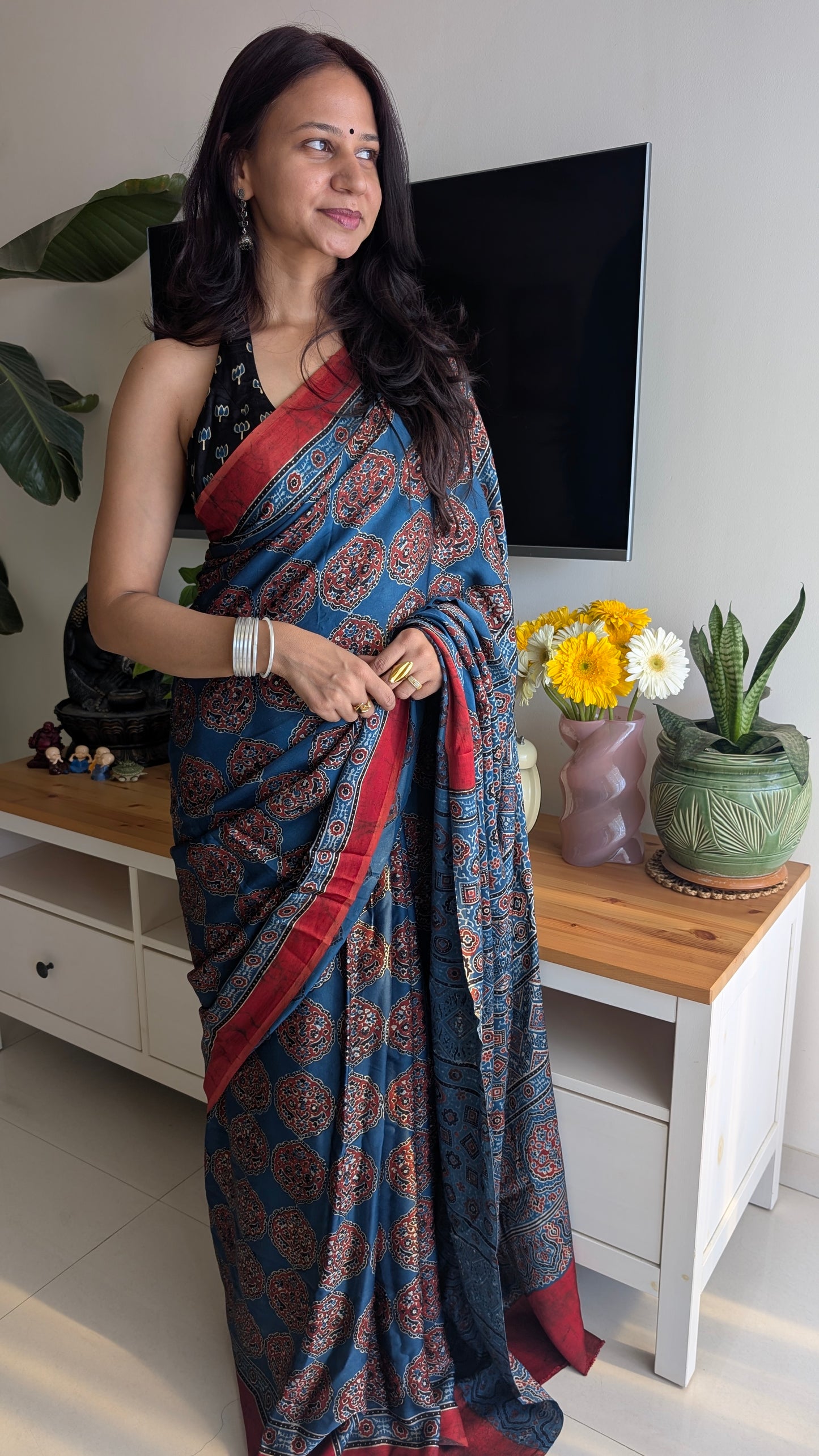 Blue Ajrakh Saree in Modal Silk - Hand Block Print and Naturally Dyed | TheRangBhoomi