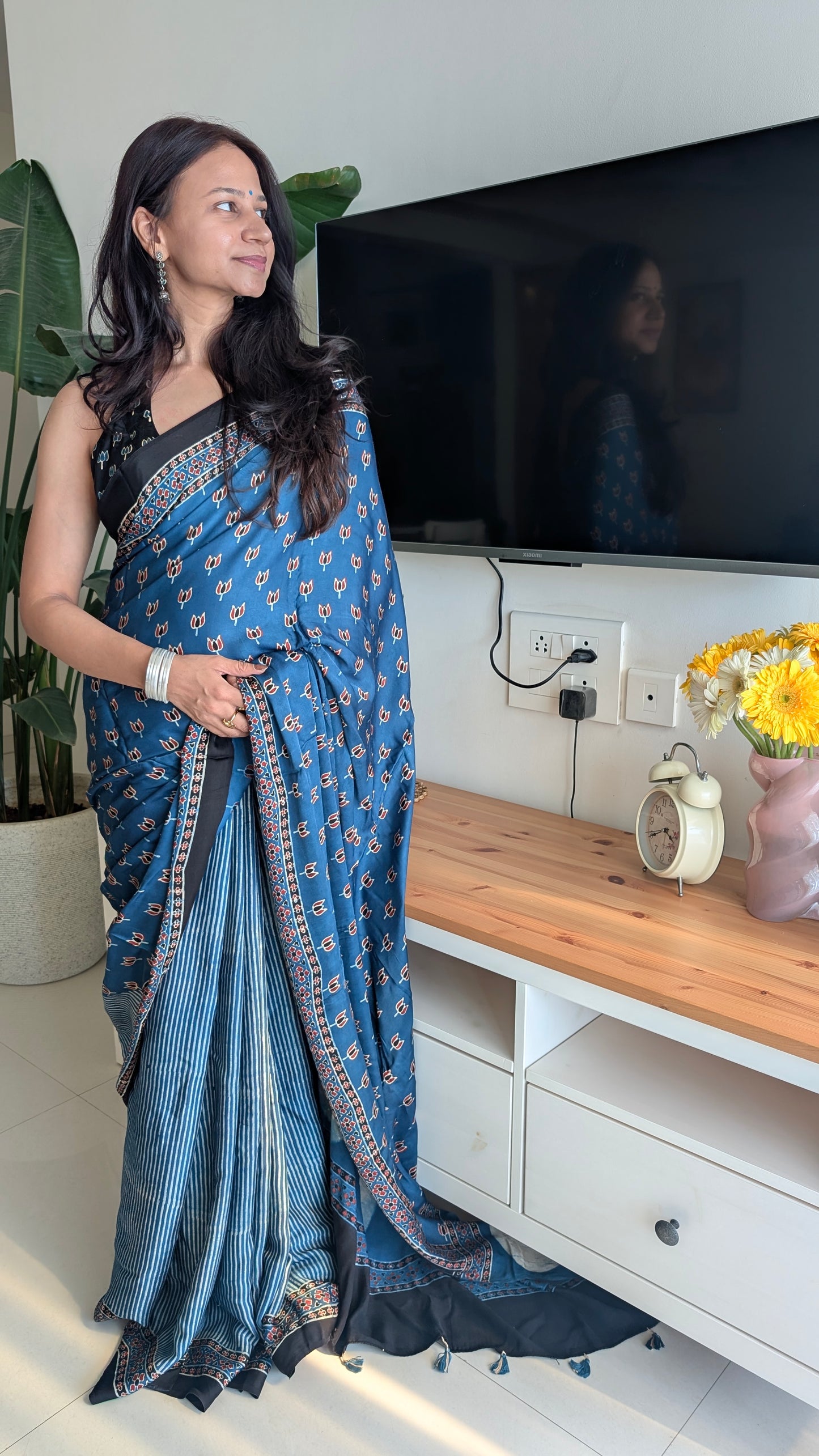 Indigo Ajrakh Saree in Modal Silk - Hand Block Print and Naturally Dyed | TheRangBhoomi