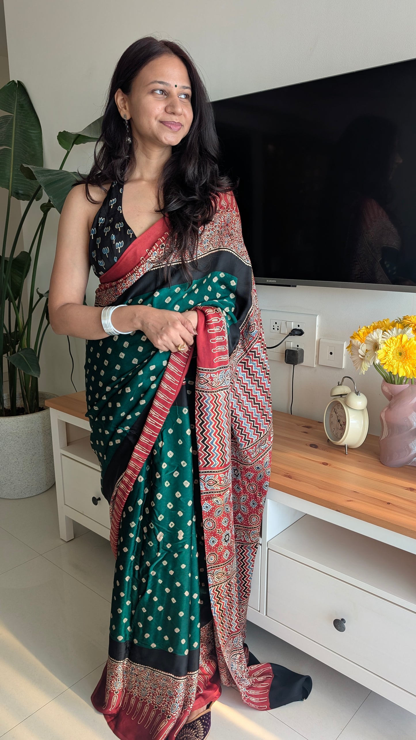 Green Bandhani Saree with Ajrakh Pallu | TheRangBhoomi Fusion Saree