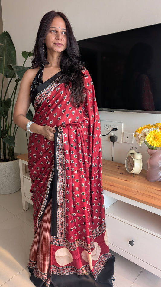 Red Ajrakh Saree in Modal Silk - Hand Block Print and Naturally Dyed | TheRangBhoomi