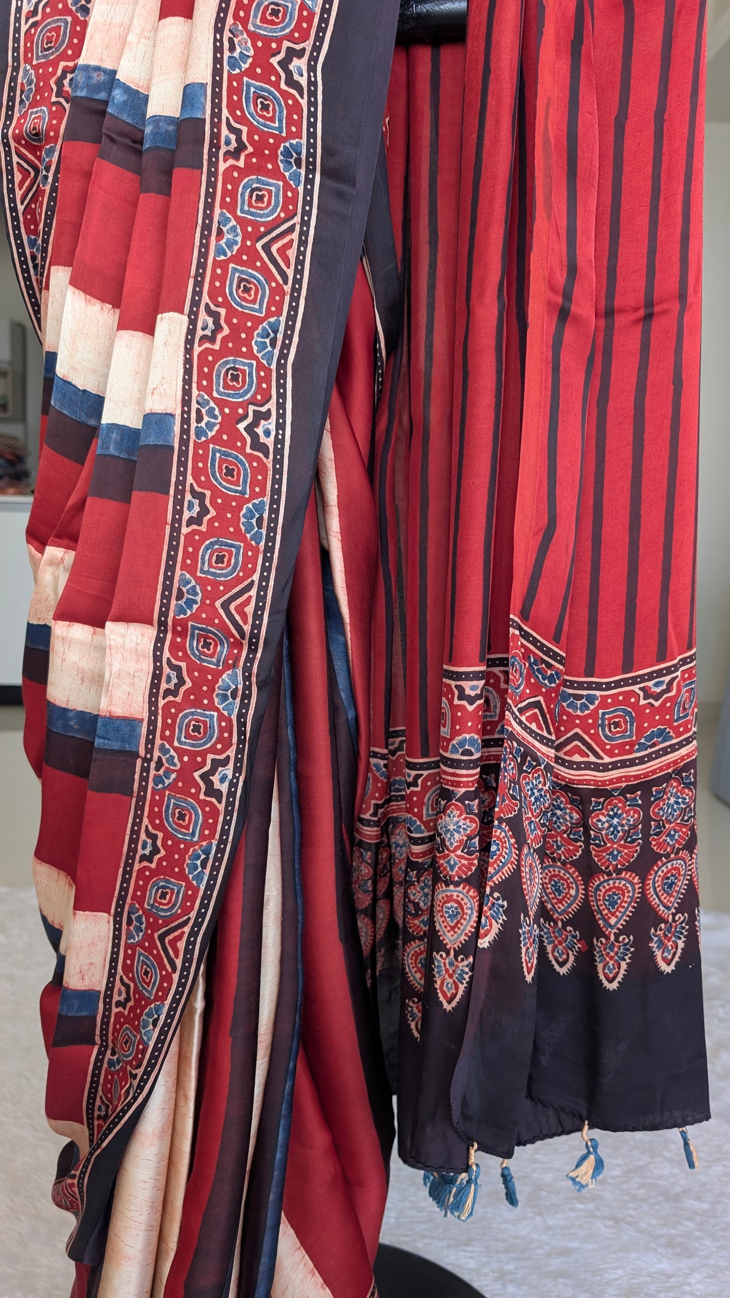 Ajrakh Saree in Modal Silk - Hand Block Print and Naturally Dyed | TheRangBhoomi