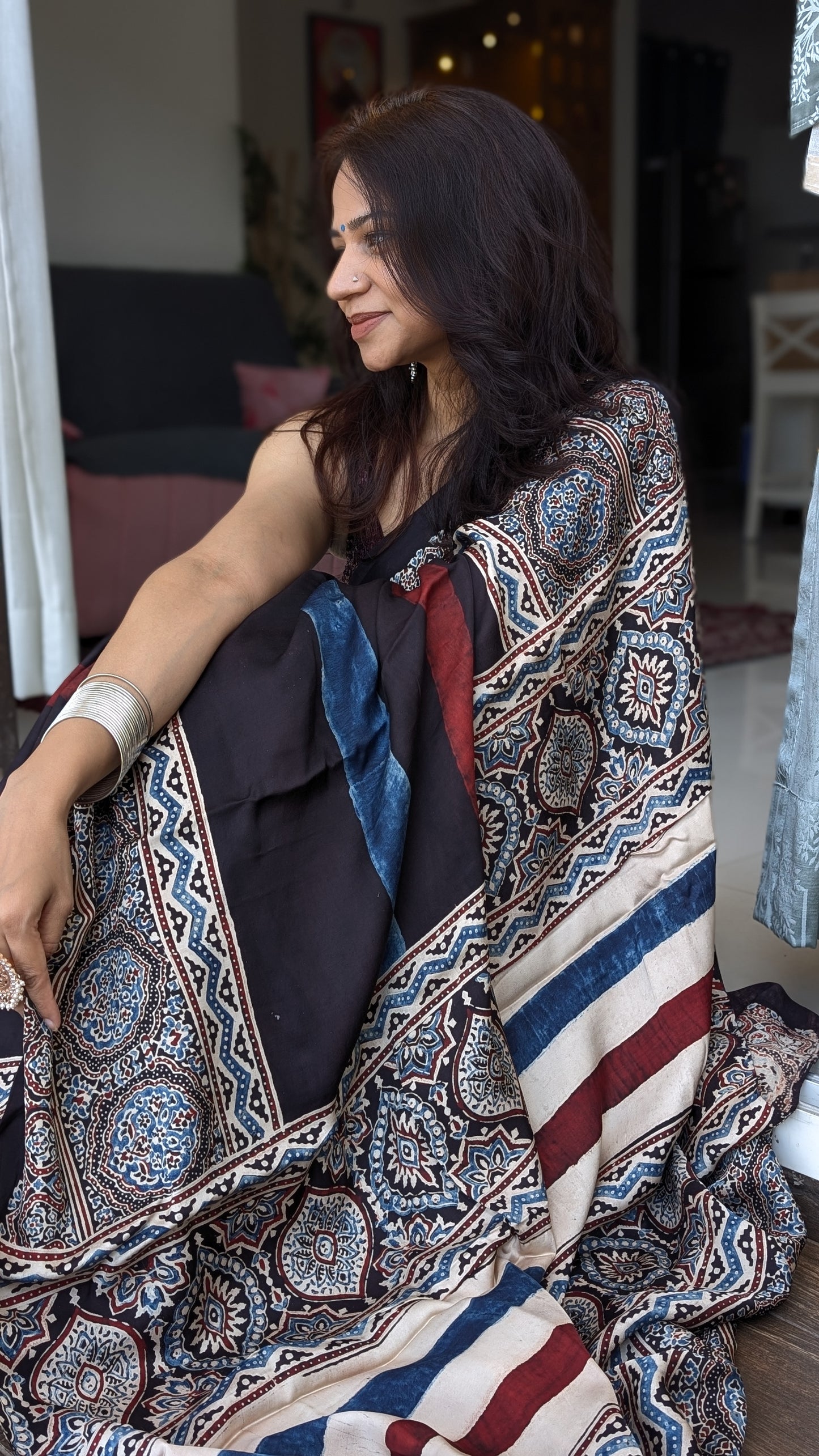 [PRE ORDER ONLY] Ajrakh Saree in Modal Silk - Hand Block Print and Naturally Dyed | TheRangBhoomi