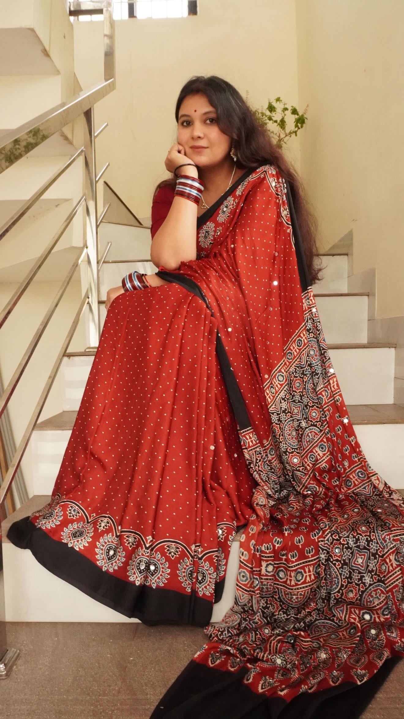 Red Ajrakh modal silk mirror work saree | TheRangBhoomi