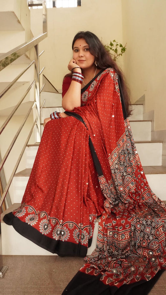 Red Ajrakh modal silk mirror work saree | TheRangBhoomi