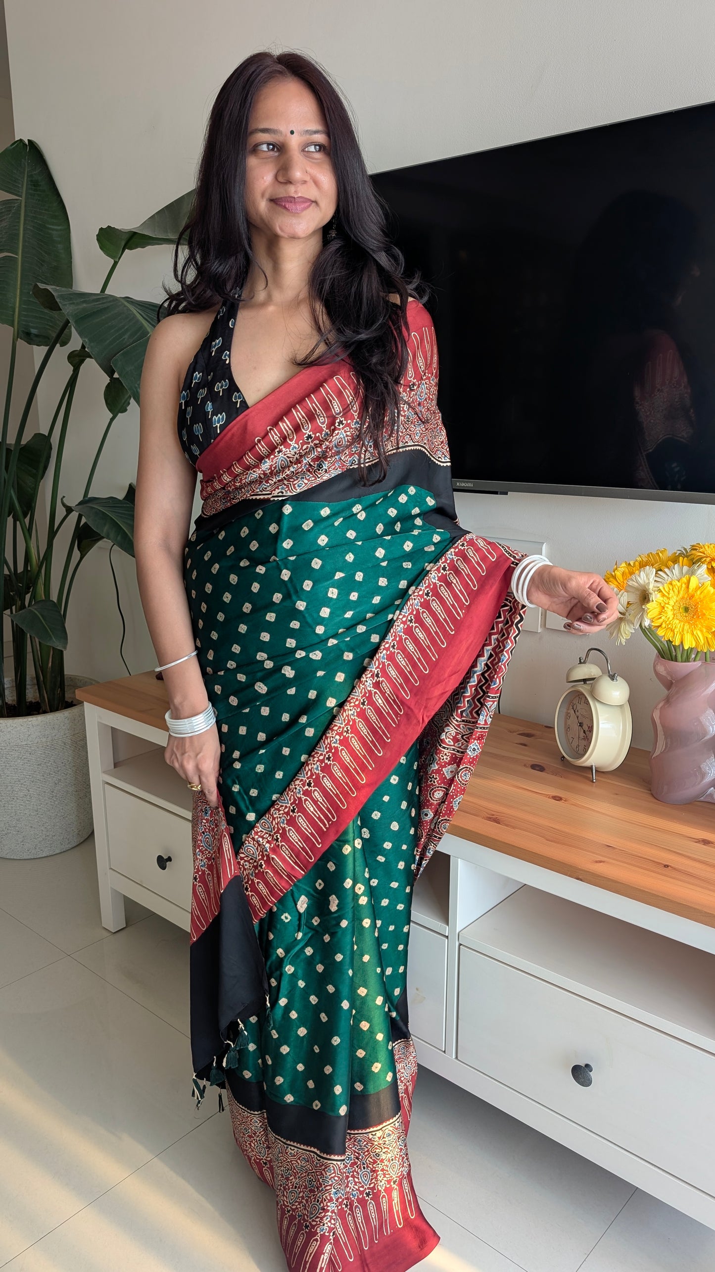 Green Bandhani Saree with Ajrakh Pallu | TheRangBhoomi Fusion Saree