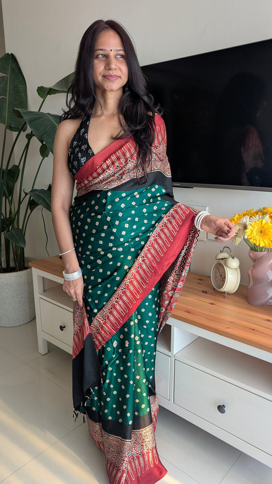 Green Bandhani Saree with Ajrakh Pallu | TheRangBhoomi Fusion Saree