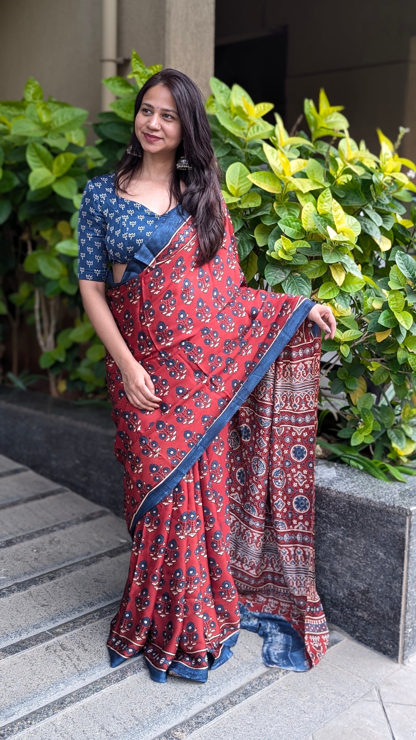 [PRE ORDER ONLY] Ajrakh Saree in Modal Silk - Hand Block Print and Naturally Dyed | TheRangBhoomi