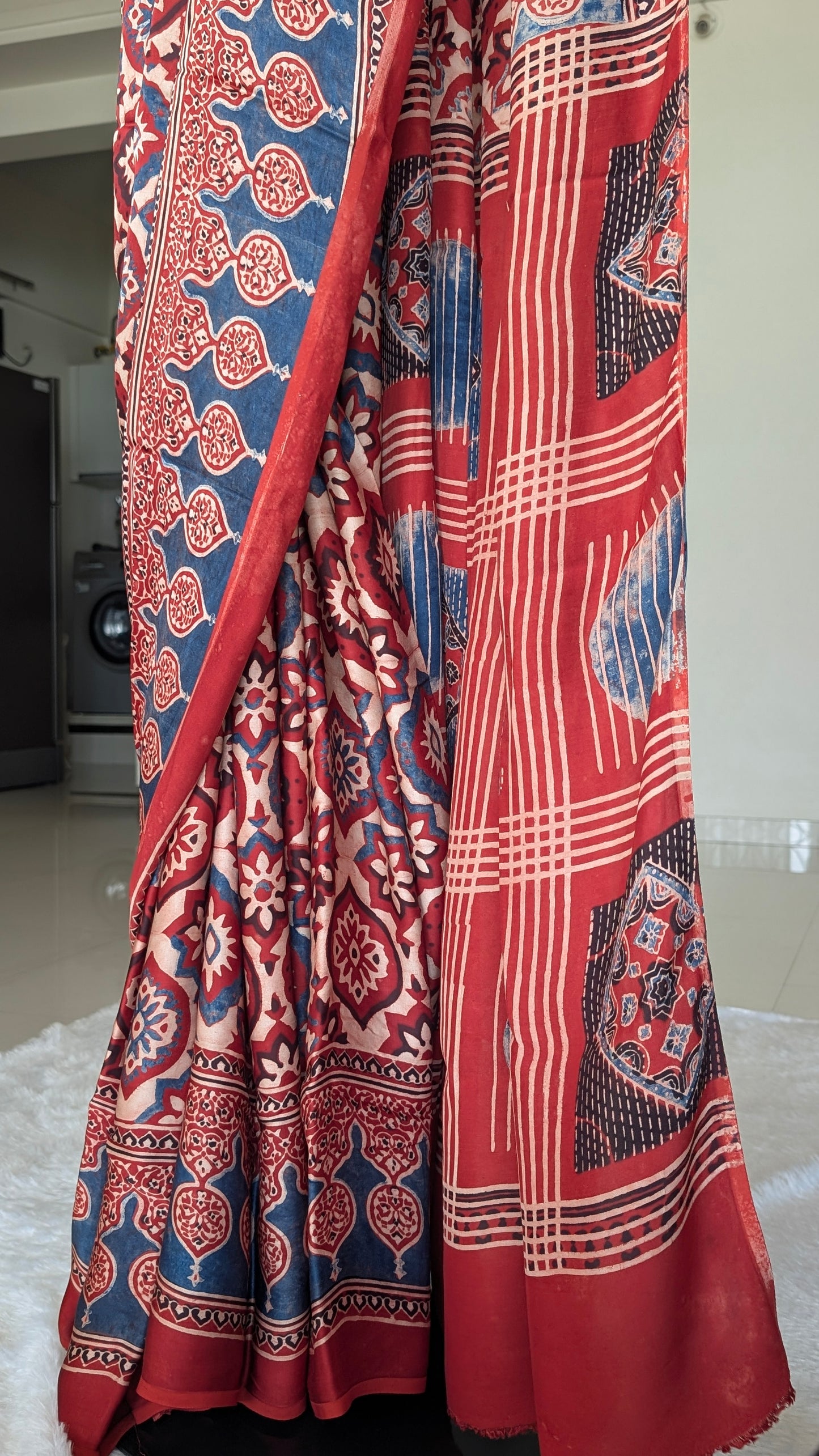 Ajrakh Saree in Modal Silk - Hand Block Print and Naturally Dyed | TheRangBhoomi