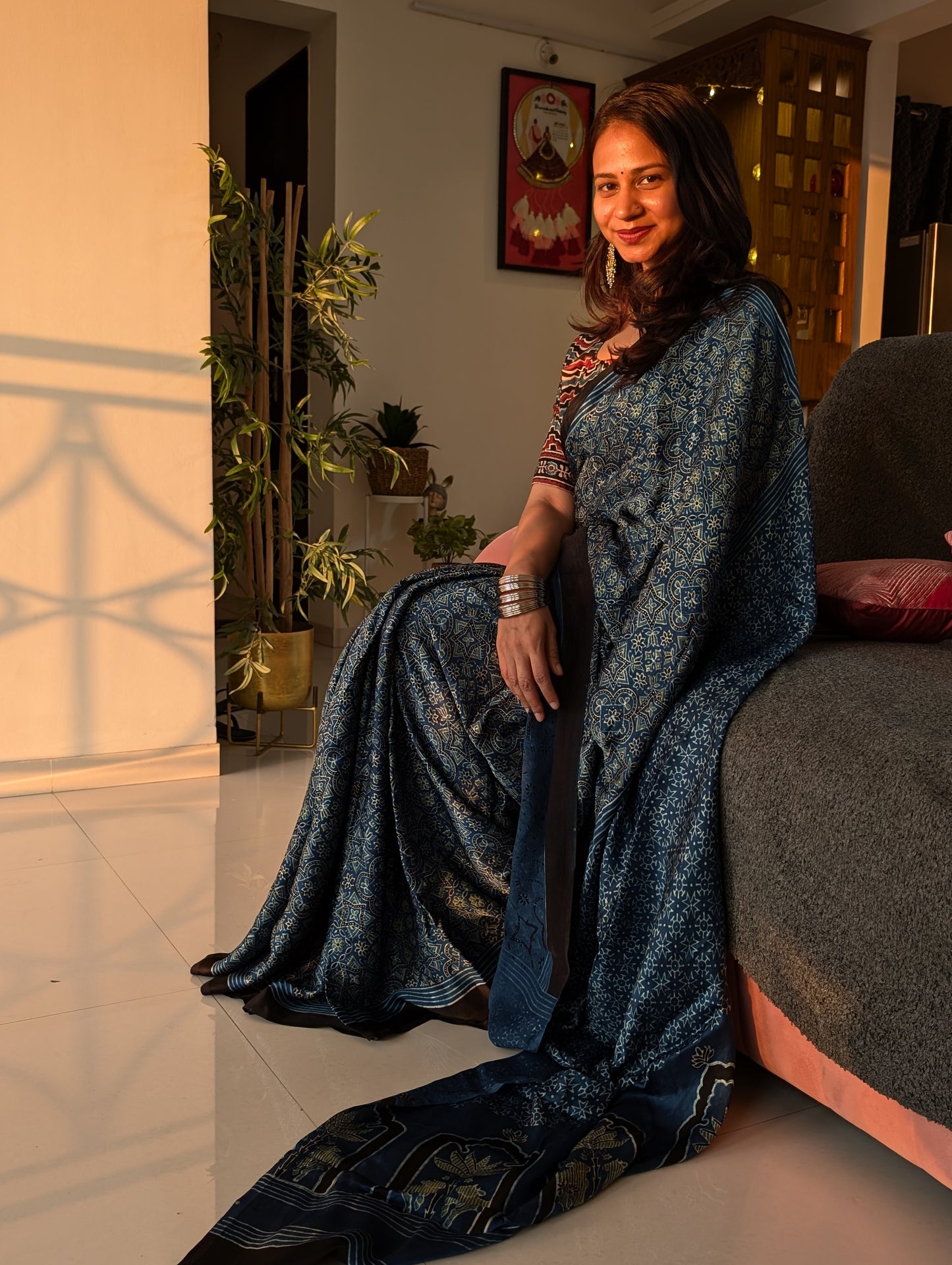 [PRE ORDER ONLY] Ajrakh Saree in Modal Silk - Hand Block Print and Naturally Dyed | TheRangBhoomi