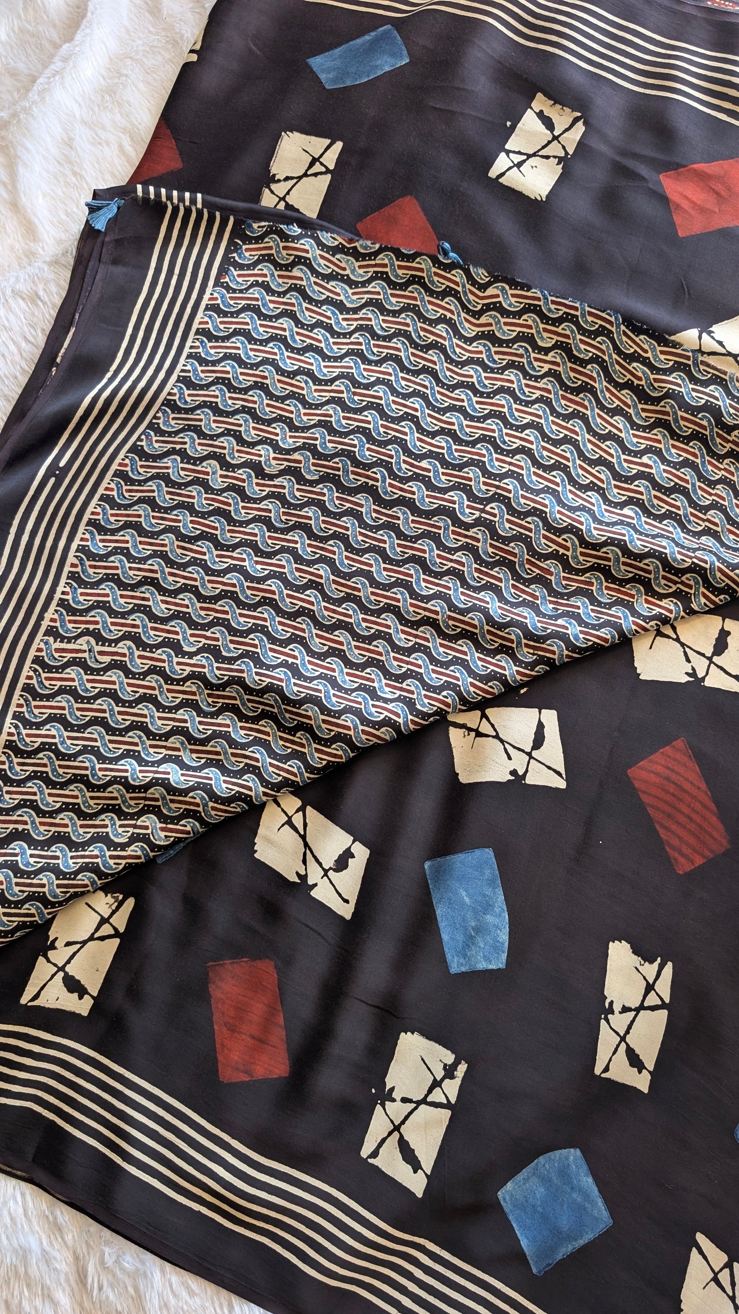 Ajrakh Saree | Modal Silk | Naturally Dyed Handcrafted Saree | Black | Geometric Patterns