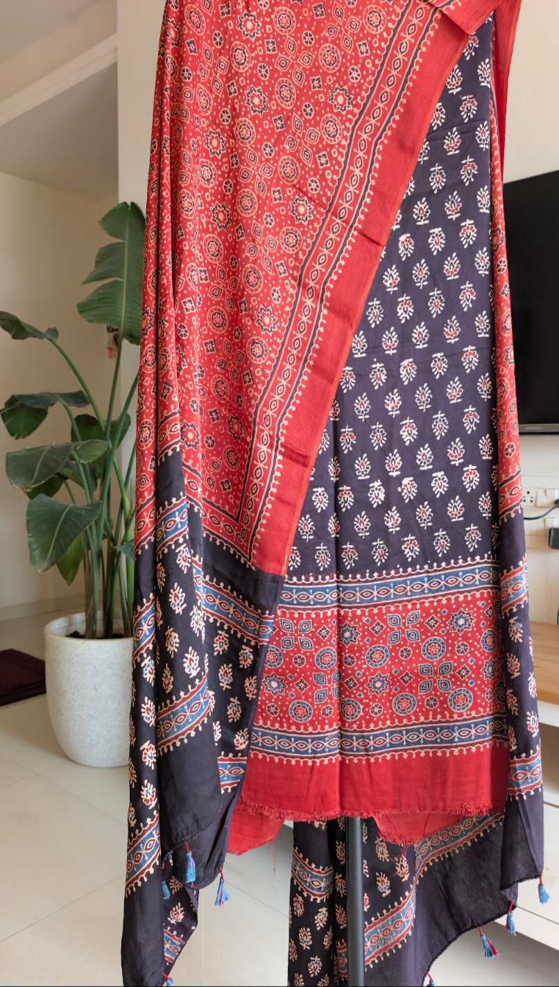 Ajrakh Modal Silk | Suit Set | Red and Black | 2 PC