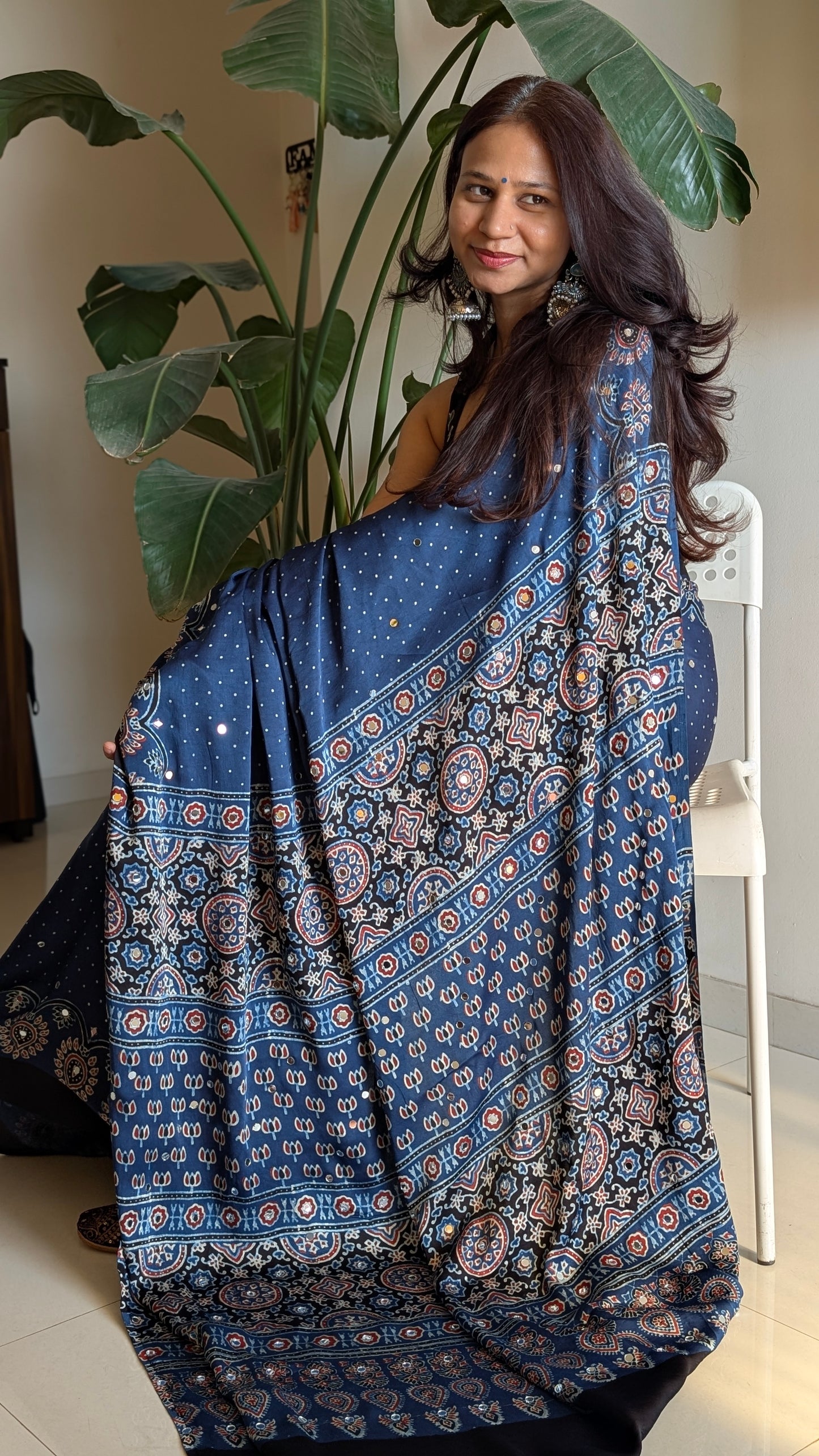 Blue Ajrakh modal silk mirror work saree | TheRangBhoomi