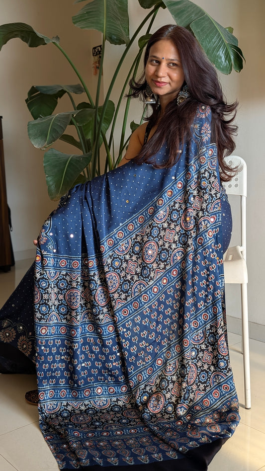 Blue Ajrakh modal silk mirror work saree | TheRangBhoomi
