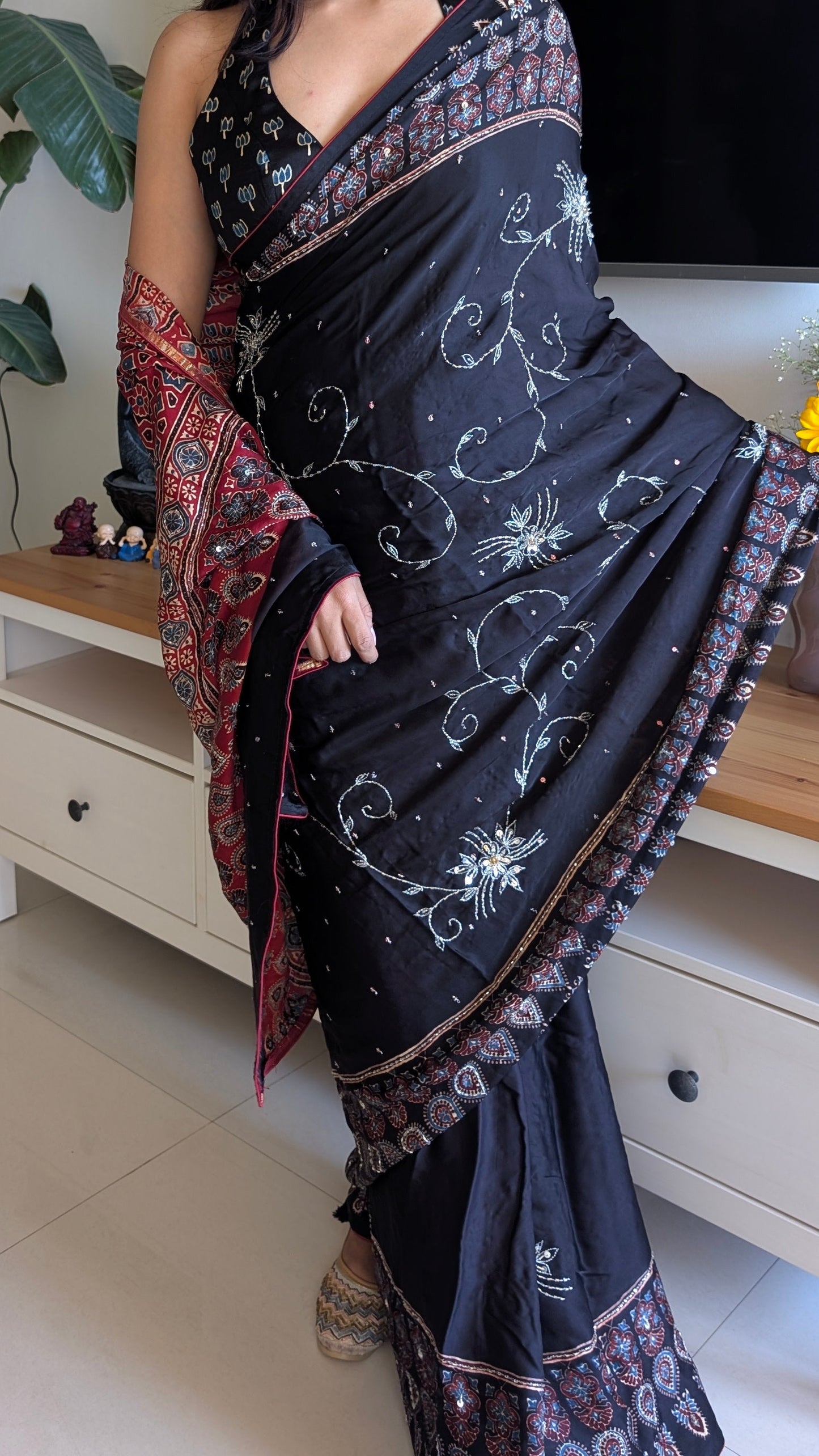 Black Ajrakh Hand Embroidery Saree in Modal Silk | TheRangBhoomi