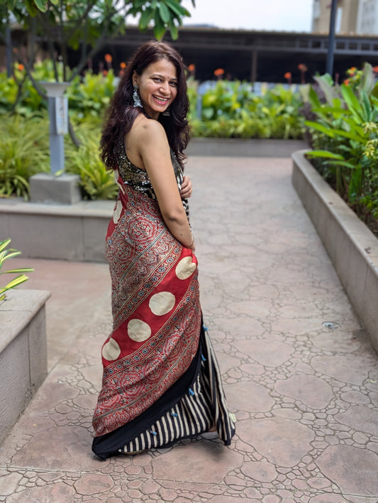 [PRE ORDER ONLY] Ajrakh Saree in Modal Silk - Hand Block Print and Naturally Dyed | TheRangBhoomi