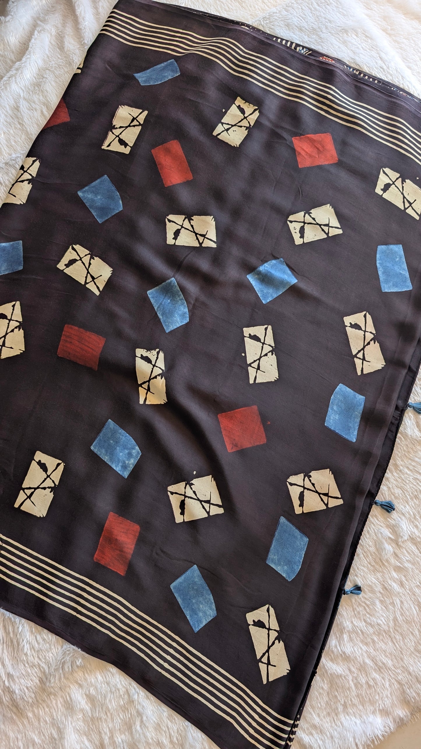 Ajrakh Saree | Modal Silk | Naturally Dyed Handcrafted Saree | Black | Geometric Patterns