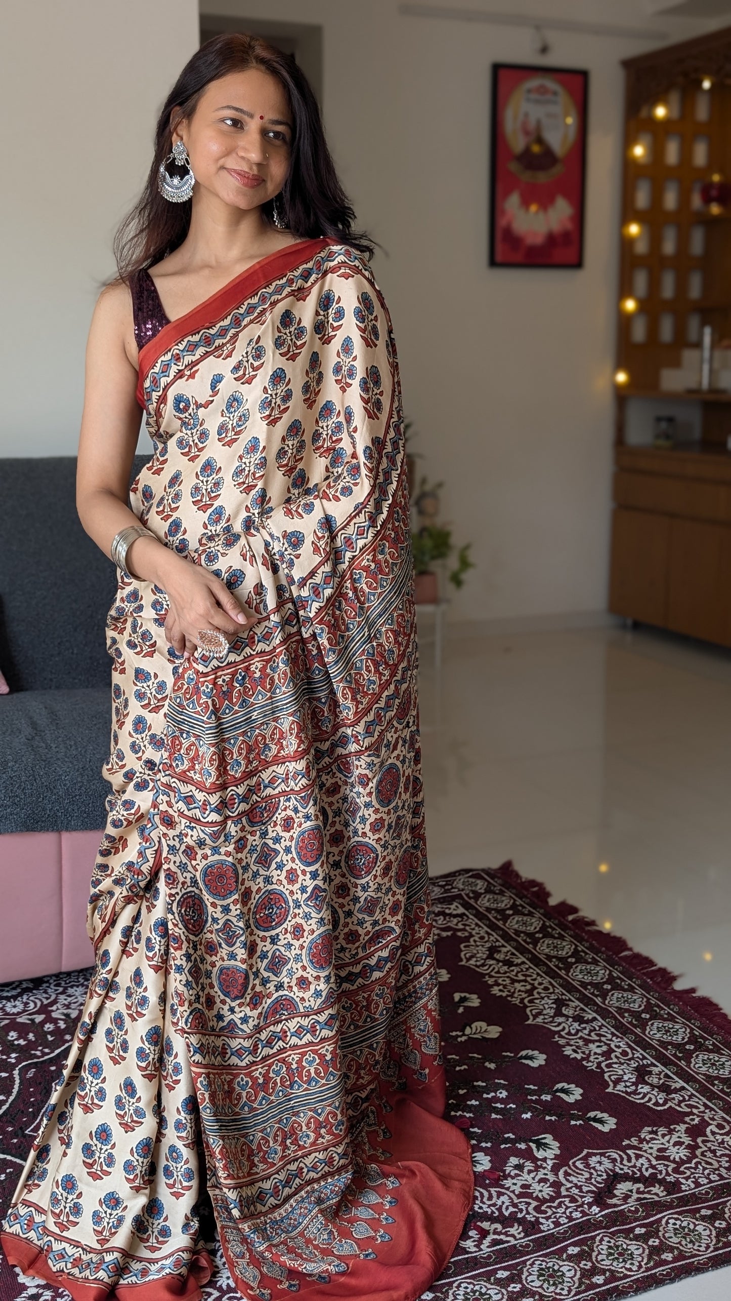 [PRE ORDER ONLY] Ajrakh Saree in Modal Silk - Hand Block Print and Naturally Dyed | TheRangBhoomi