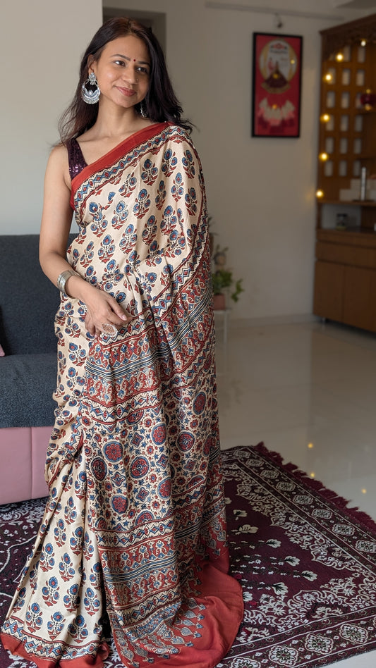 [PRE ORDER ONLY] Ajrakh Saree in Modal Silk - Hand Block Print and Naturally Dyed | TheRangBhoomi