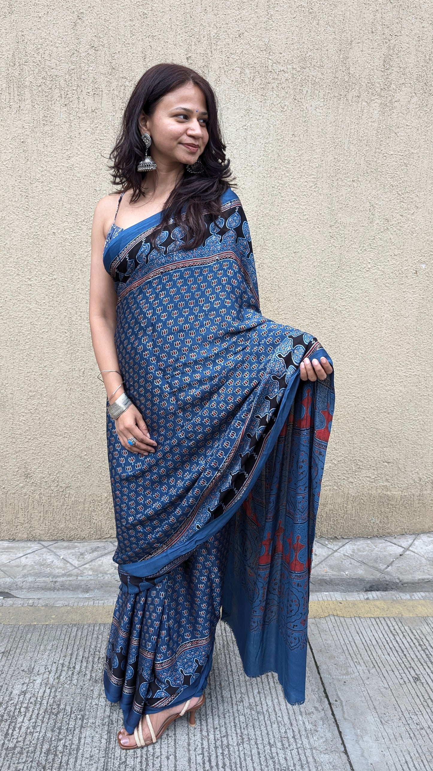 [PRE ORDER ONLY] Ajrakh Saree in Modal Silk - Hand Block Print and Naturally Dyed | TheRangBhoomi