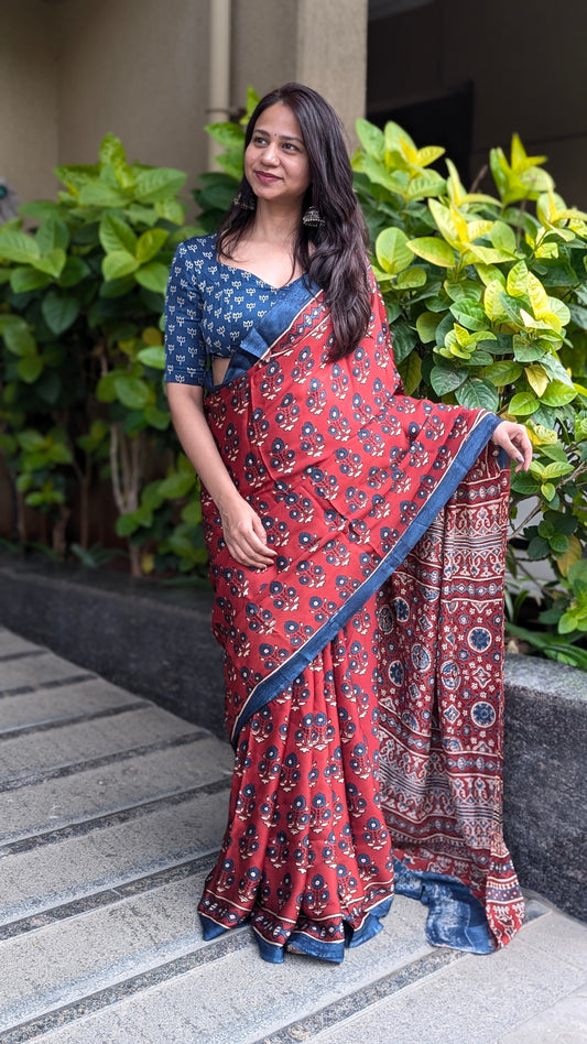 [PRE ORDER ONLY] Ajrakh Saree in Modal Silk - Hand Block Print and Naturally Dyed | TheRangBhoomi