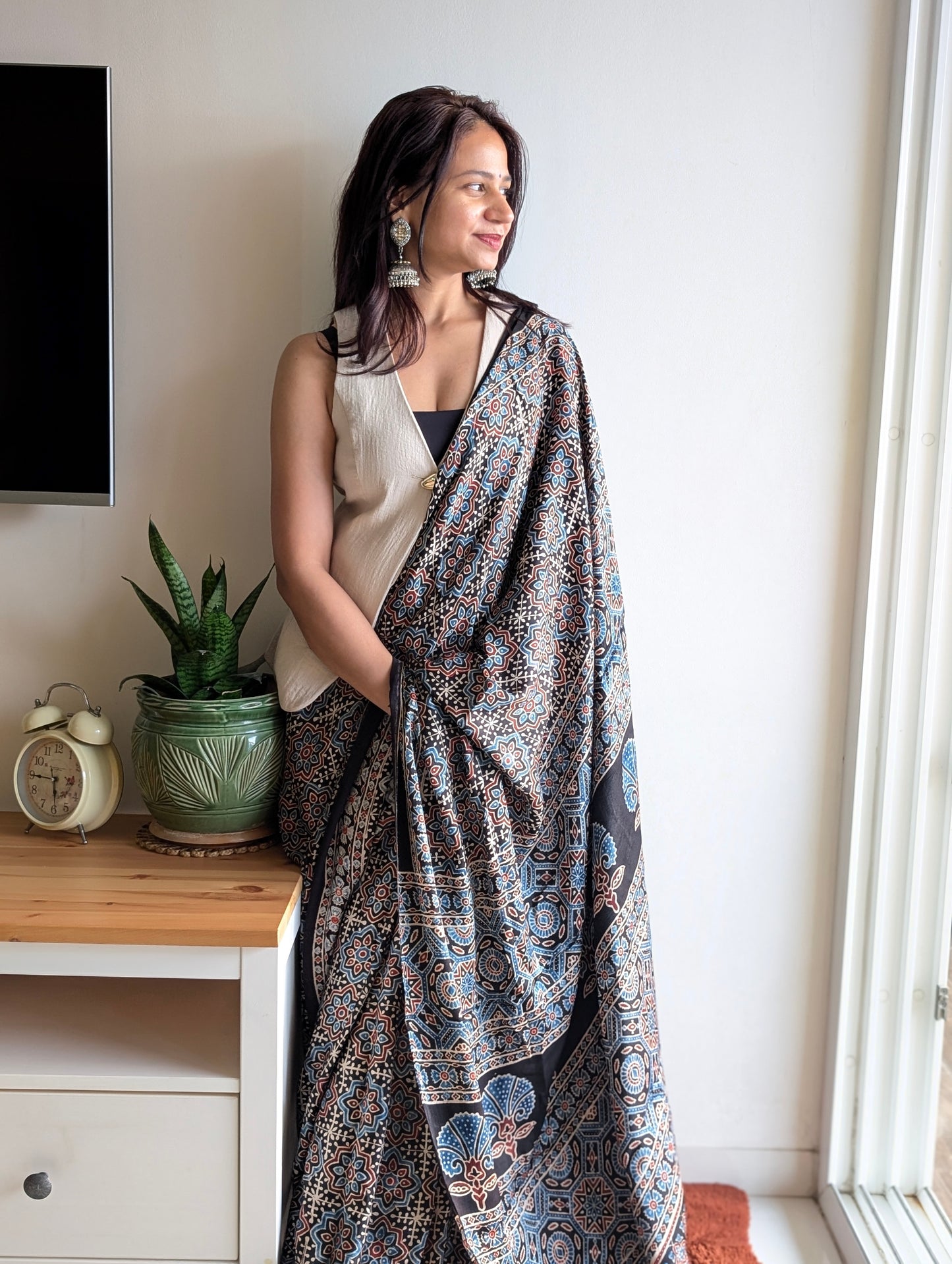 (AVAILABLE ON PRE ORDER) Ajrakh Saree in Modal Silk - Hand Block Print and Naturally Dyed | TheRangBhoomi