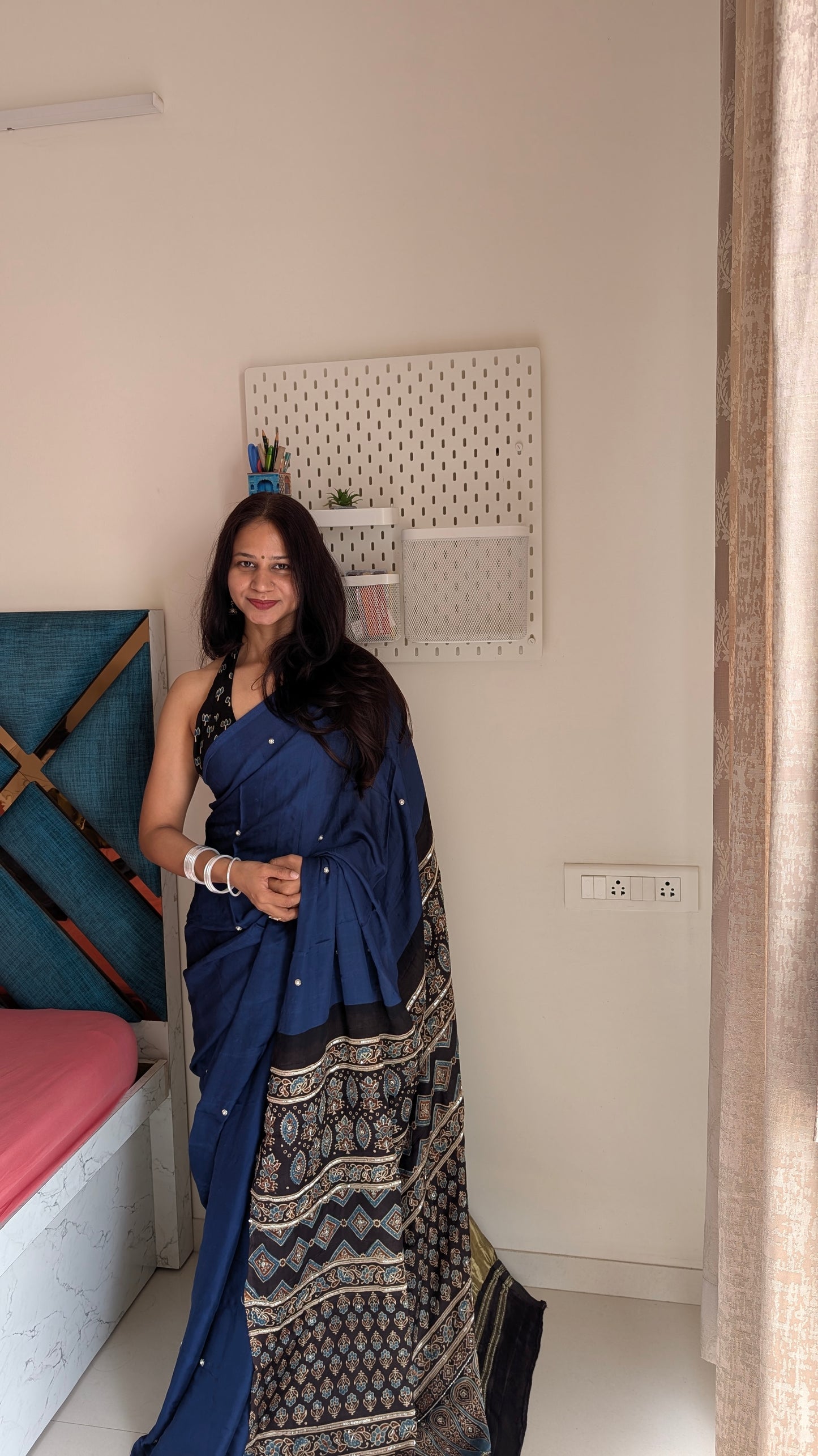 Navy Blue Modal silk with Black Ajrakh Pallu | Hand Embroidery Saree | TheRangBhoomi