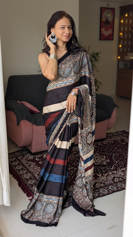 [PRE ORDER ONLY] Ajrakh Saree in Modal Silk - Hand Block Print and Naturally Dyed | TheRangBhoomi
