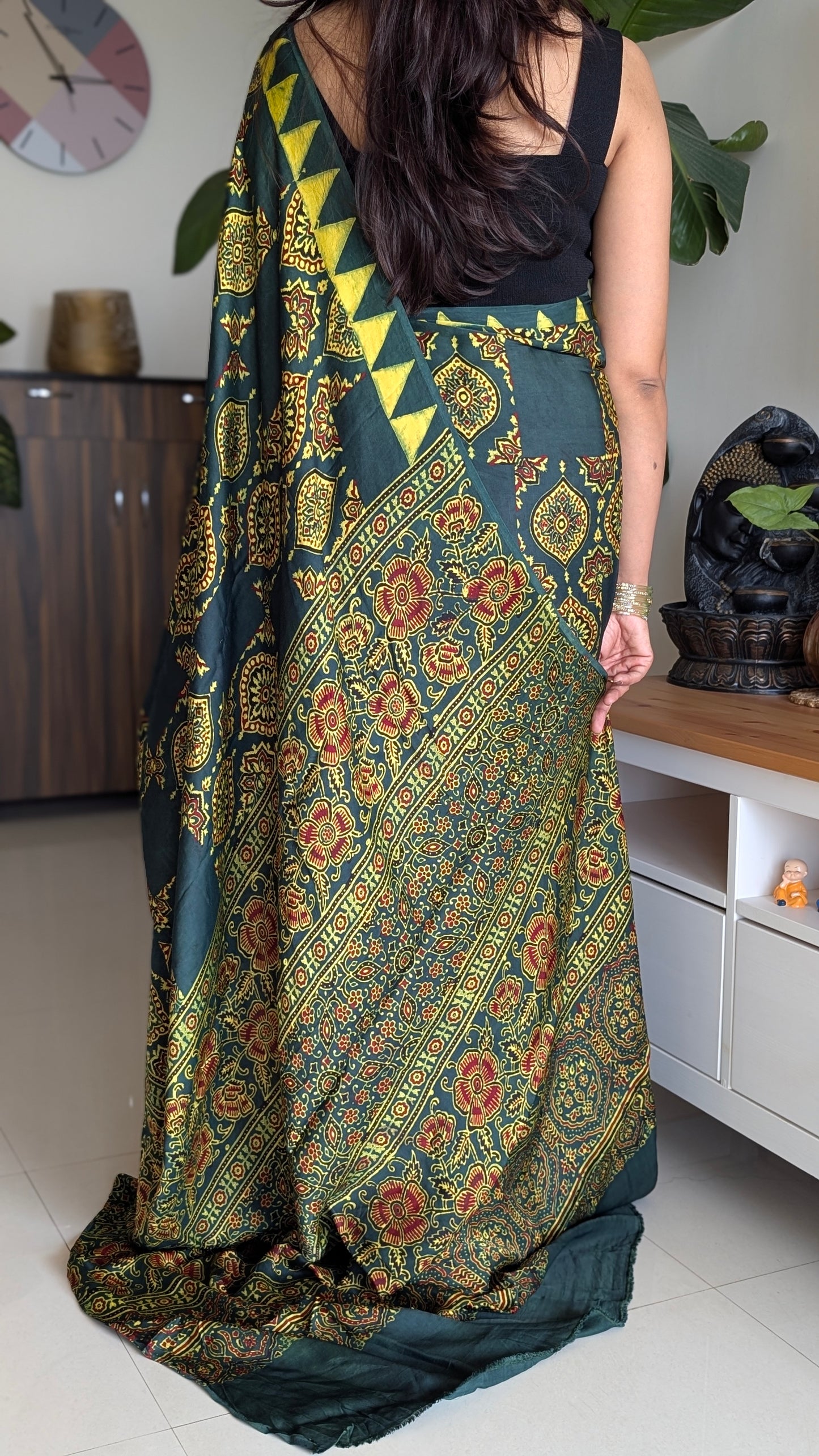 Ajrakh Saree | Modal Silk | Naturally Dyed Handcrafted Saree | Green