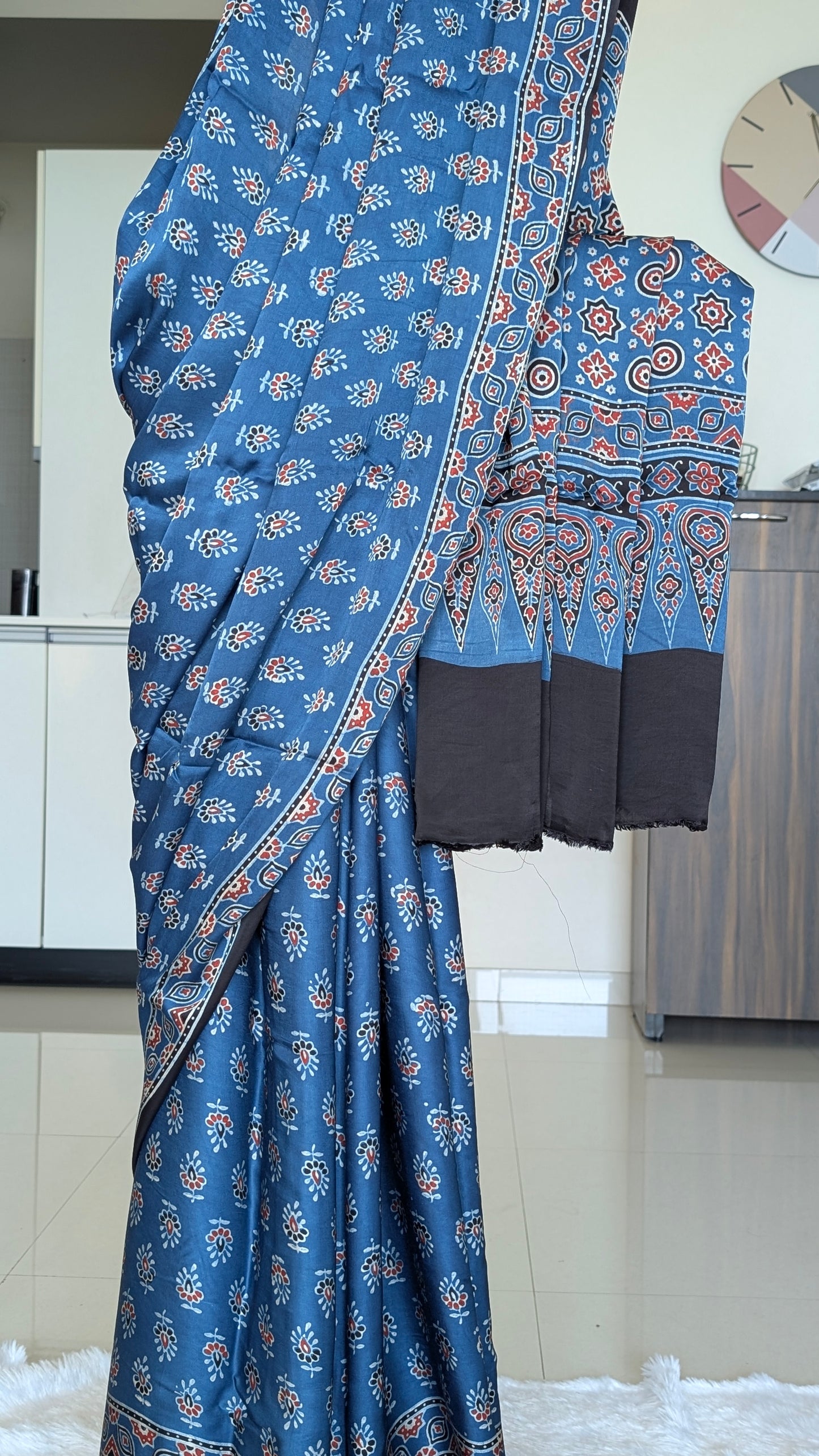 Ajrakh Saree in Modal Silk - Hand Block Print and Naturally Dyed | TheRangBhoomi