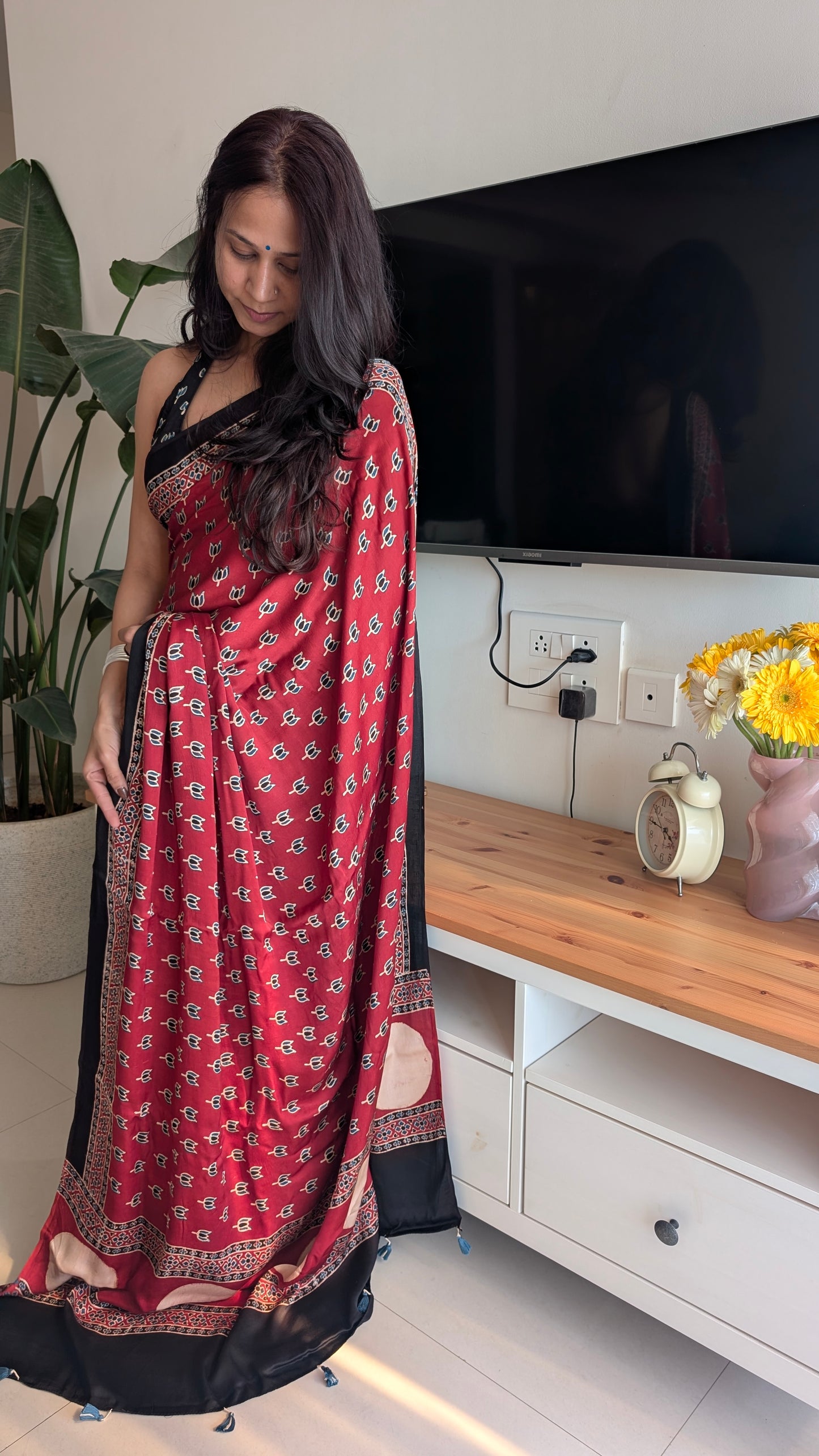 Red Ajrakh Saree in Modal Silk - Hand Block Print and Naturally Dyed | TheRangBhoomi