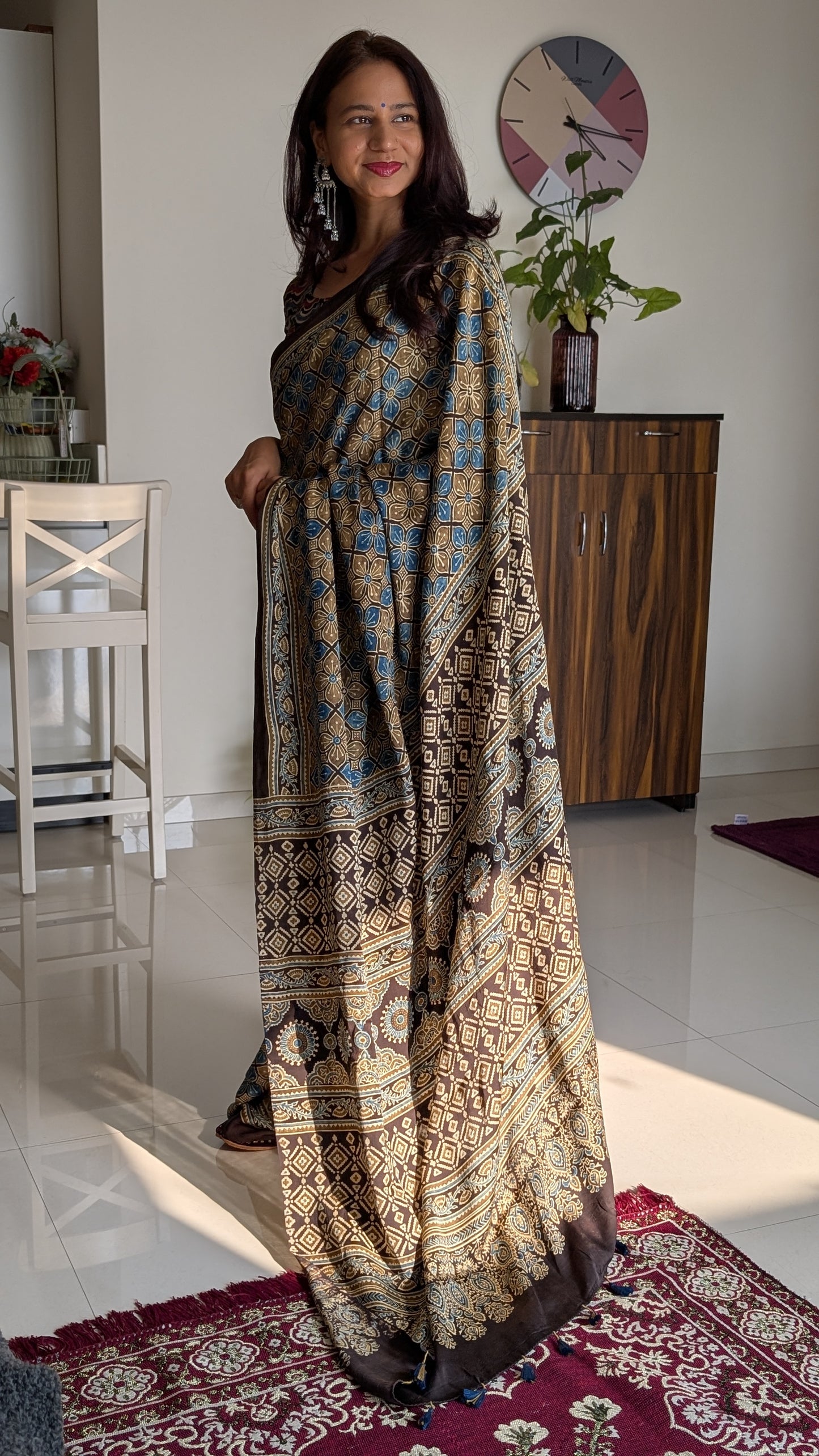 Brown Ajrakh Saree in Modal Silk - Hand Block Print and Naturally Dyed | TheRangBhoomi