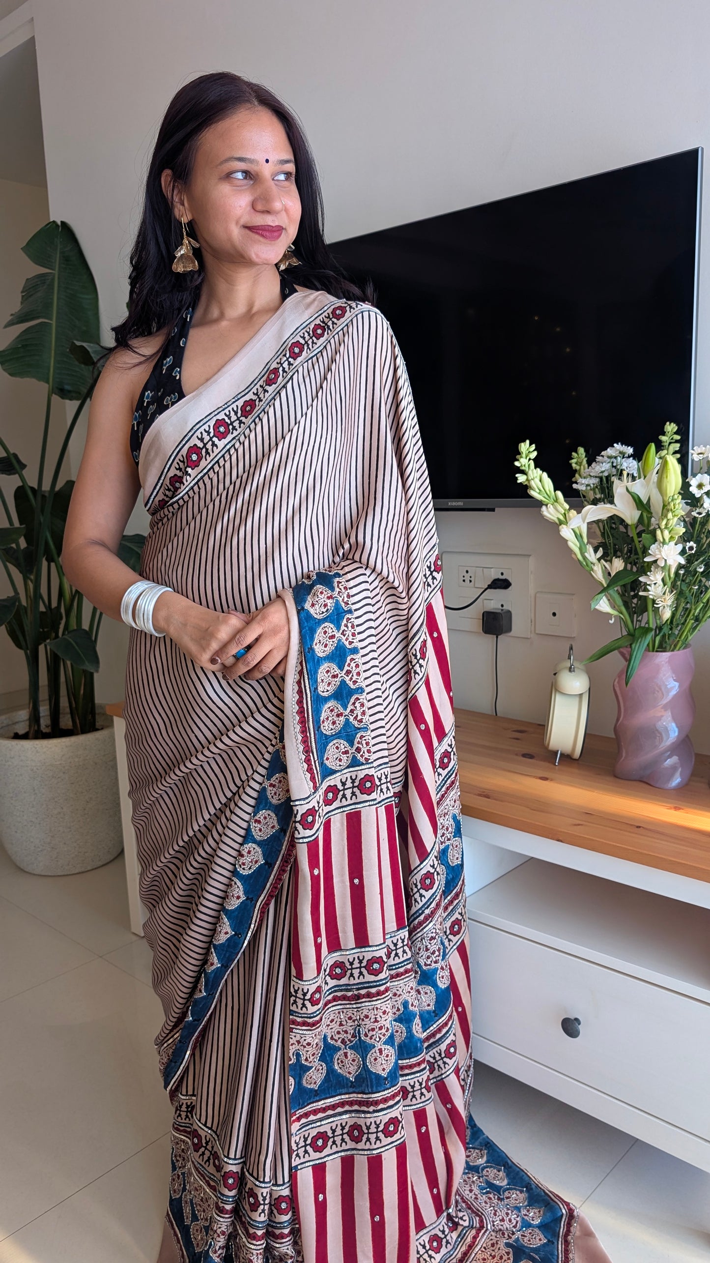 Off White / Ivory Ajrakh Hand Embroidery Saree in Modal Silk | TheRangBhoomi