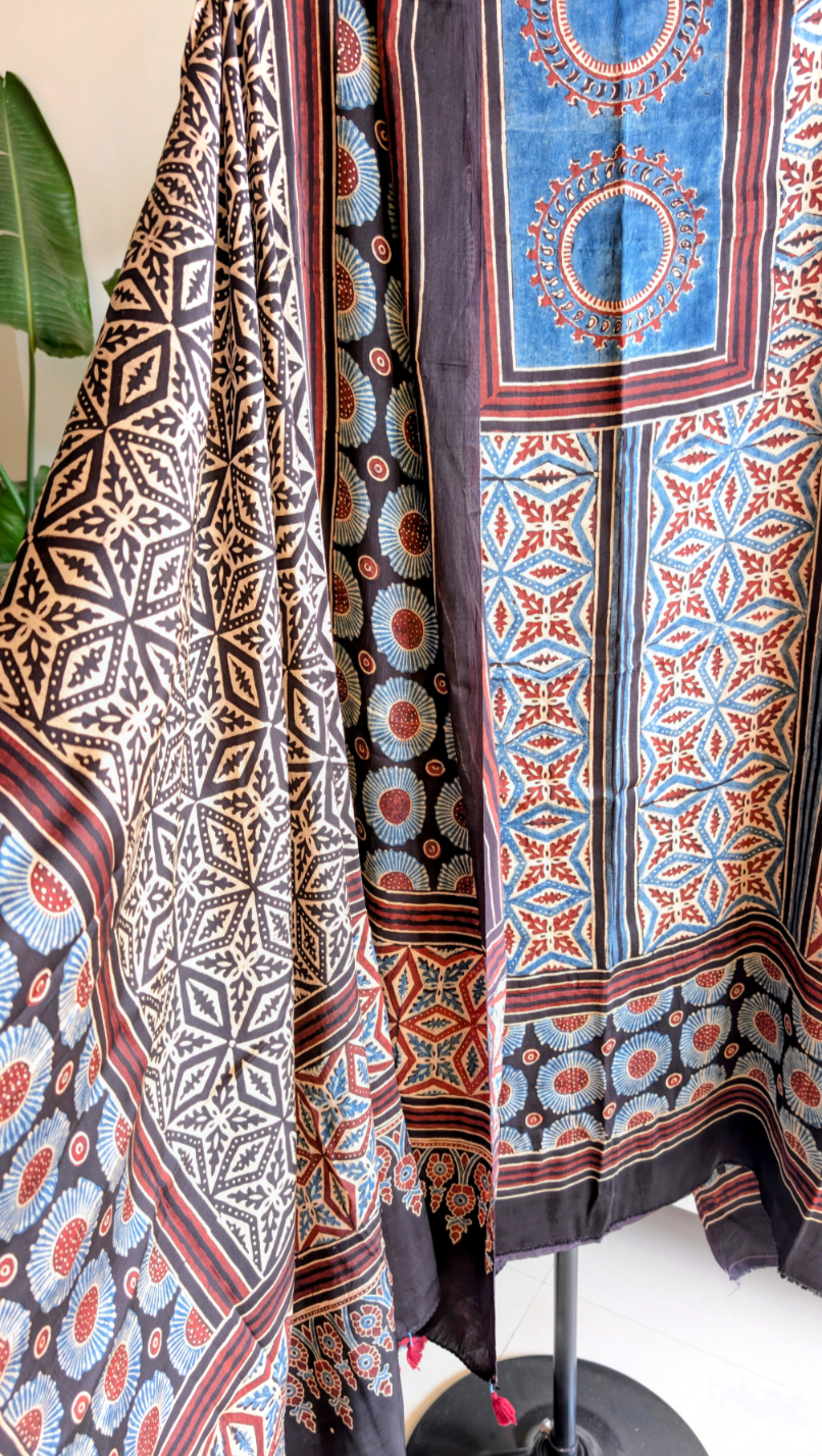 Ajrakh Modal Silk | Suit Set | Multi Color with Black Base | 2 PC