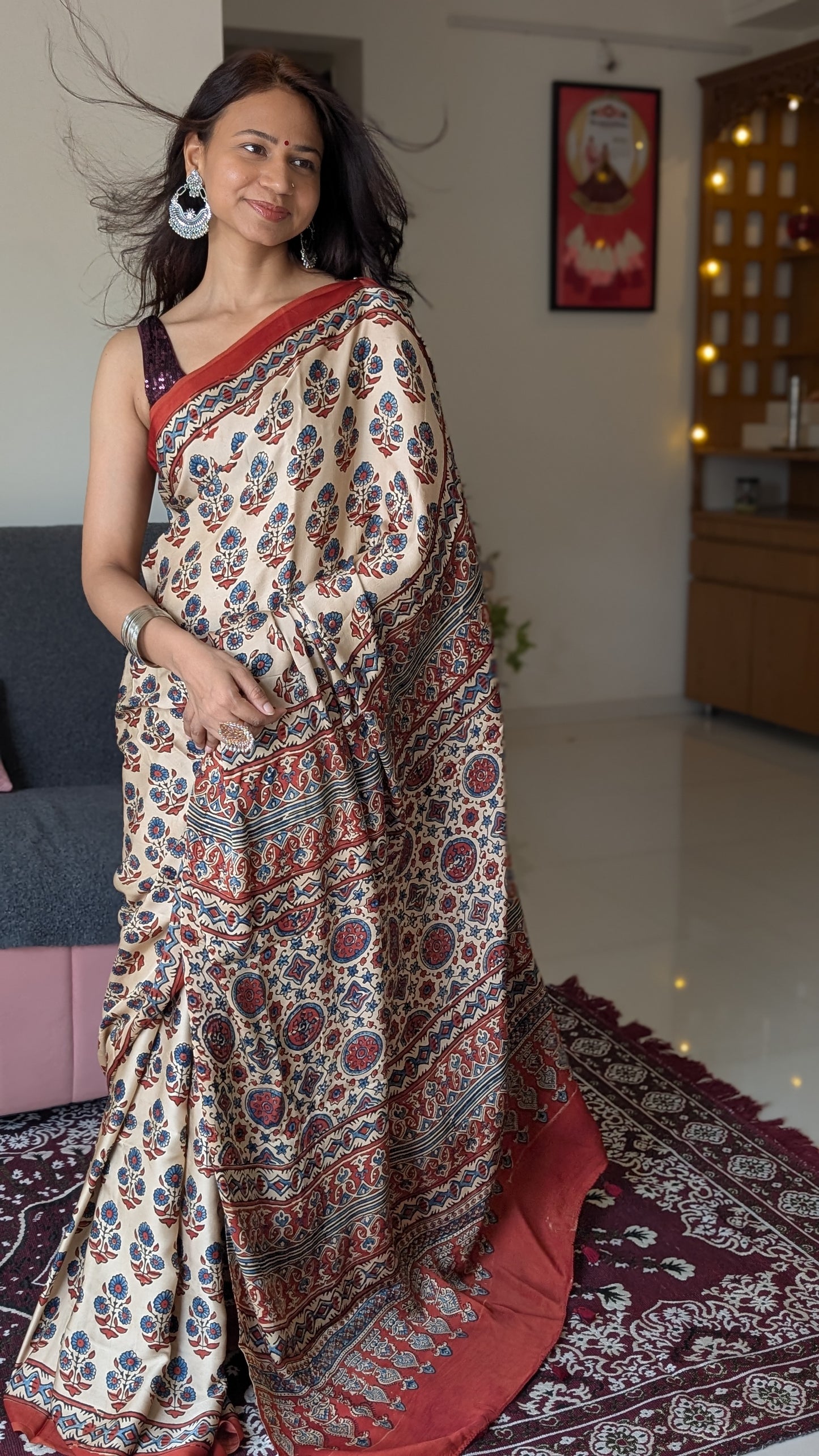 [PRE ORDER ONLY] Ajrakh Saree in Modal Silk - Hand Block Print and Naturally Dyed | TheRangBhoomi