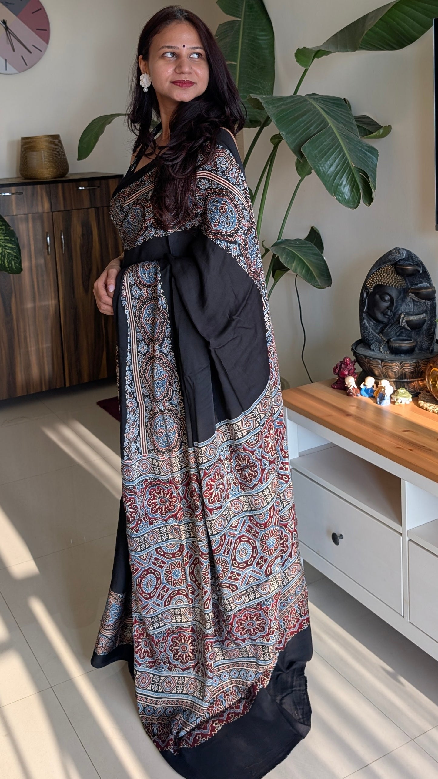 [PRE ORDER ONLY] Ajrakh Saree in Modal Silk - Hand Block Print and Naturally Dyed | TheRangBhoomi