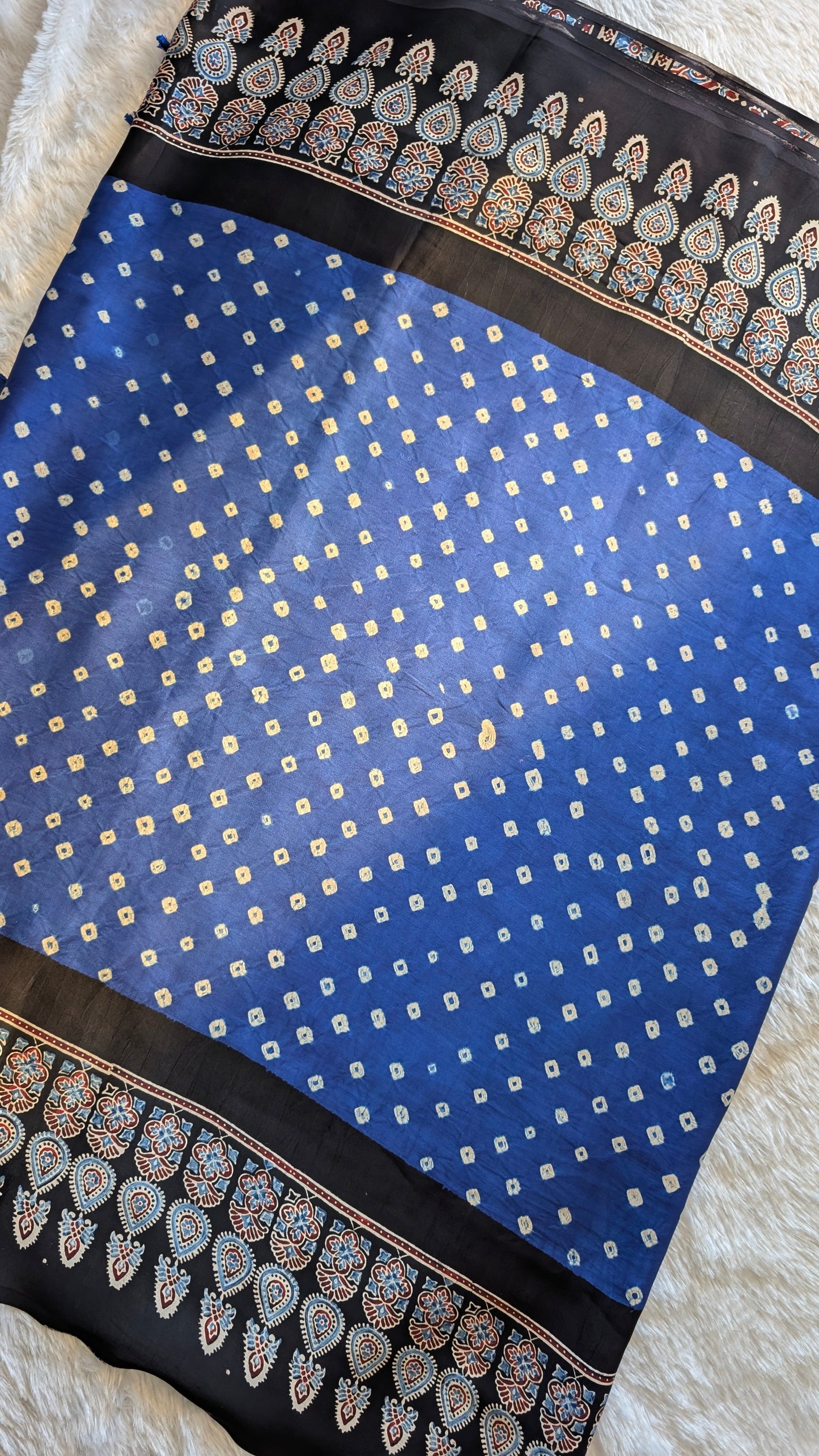 Blue Bandhani Saree with Ajrakh Pallu | TheRangBhoomi Fusion Saree