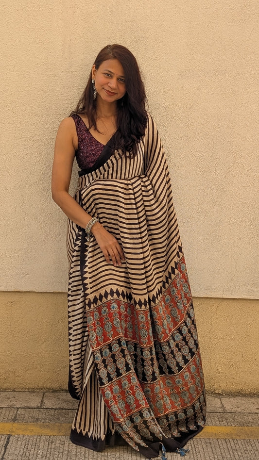 [PRE ORDER ONLY] Ajrakh Saree in Modal Silk - Hand Block Print and Naturally Dyed | TheRangBhoomi