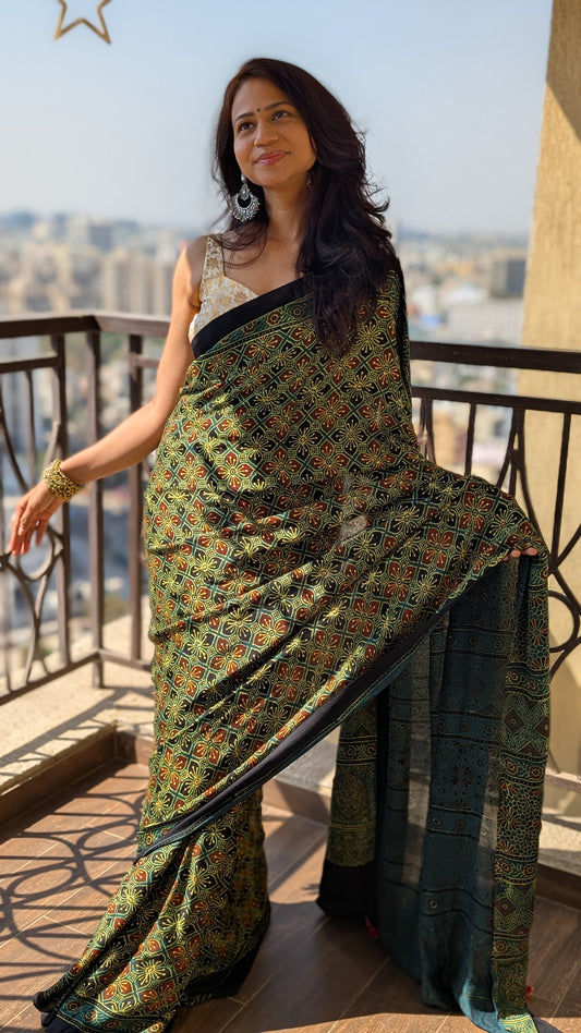 [PRE ORDER ONLY] Ajrakh Saree in Modal Silk - Hand Block Print and Naturally Dyed | TheRangBhoomi