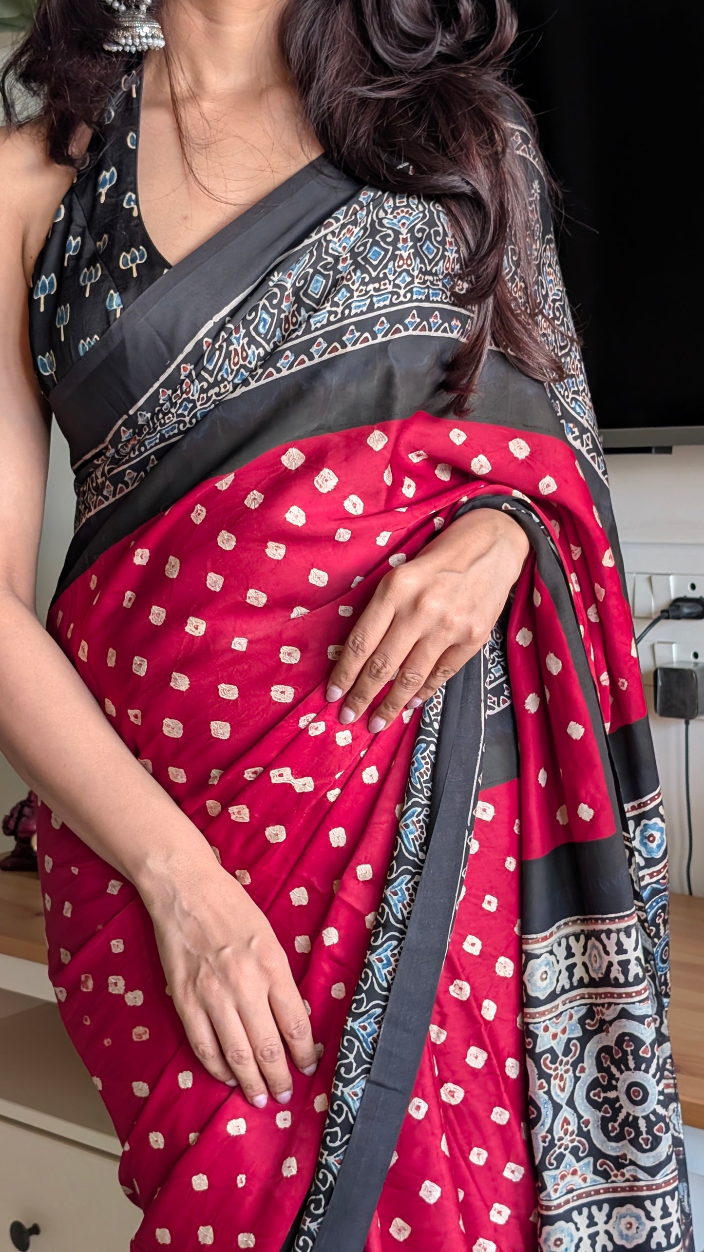 Bandhani Saree with Ajrakh Pallu | TheRangBhoomi Fusion Saree | Red