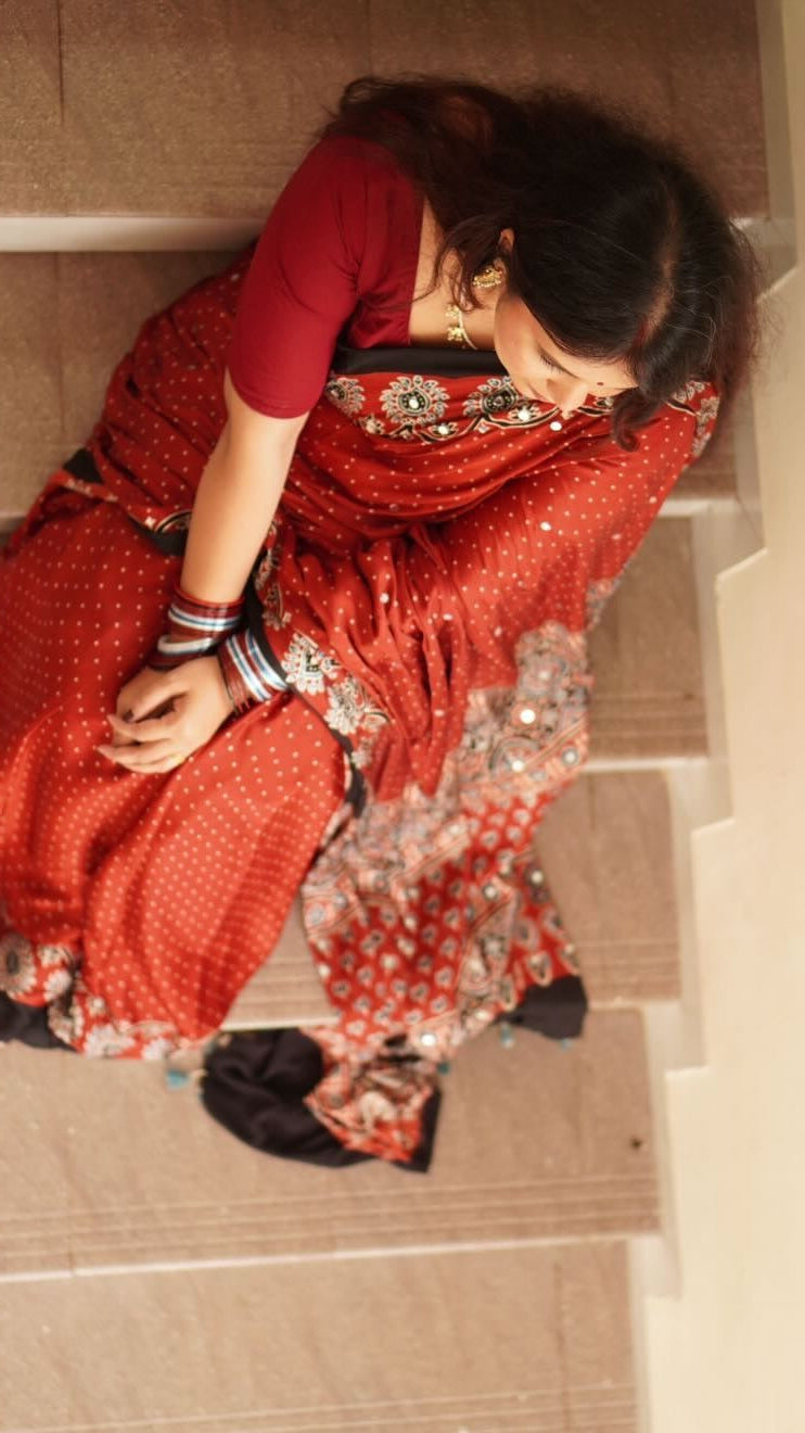 Red Ajrakh modal silk mirror work saree | TheRangBhoomi