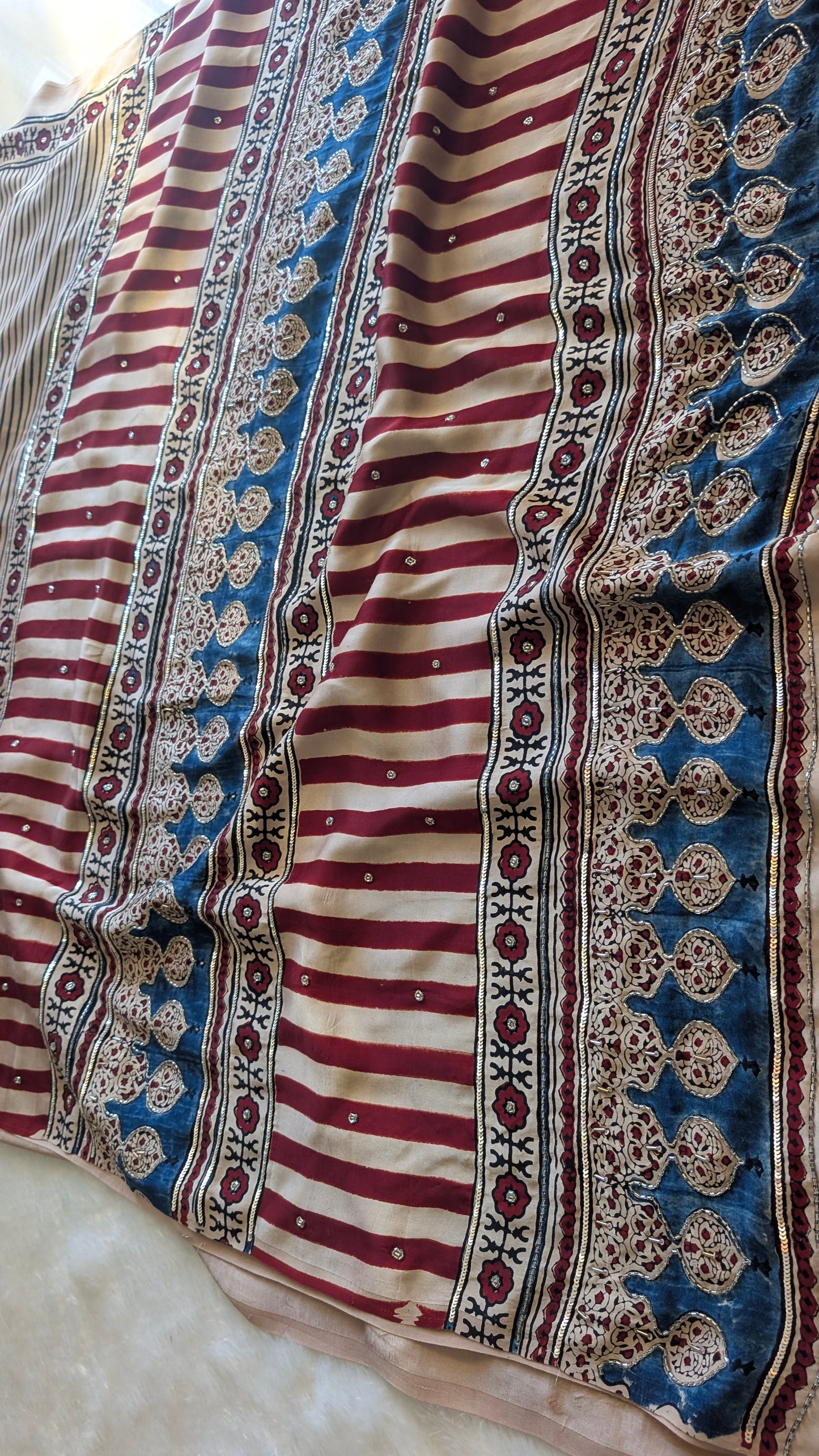 Off White / Ivory Ajrakh Hand Embroidery Saree in Modal Silk | TheRangBhoomi